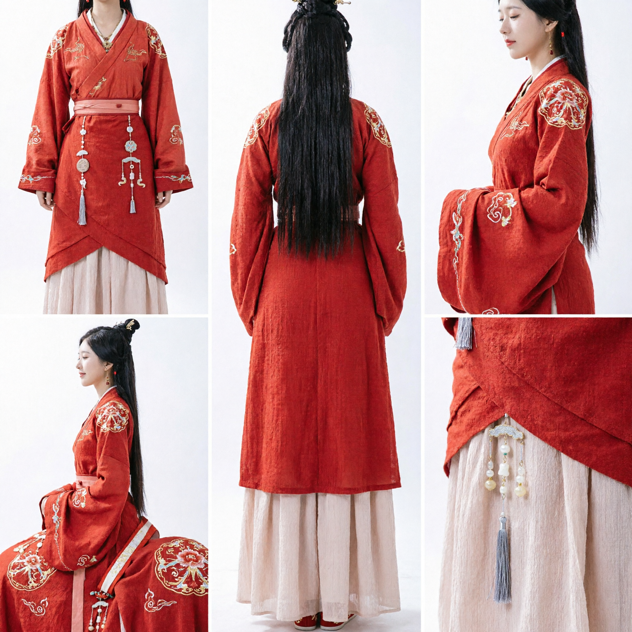 중국 전통 한푸 고대 빨간색 교임 로브와 분홍색 치마 역사적 의상 세트 여성용 - Asian Costume