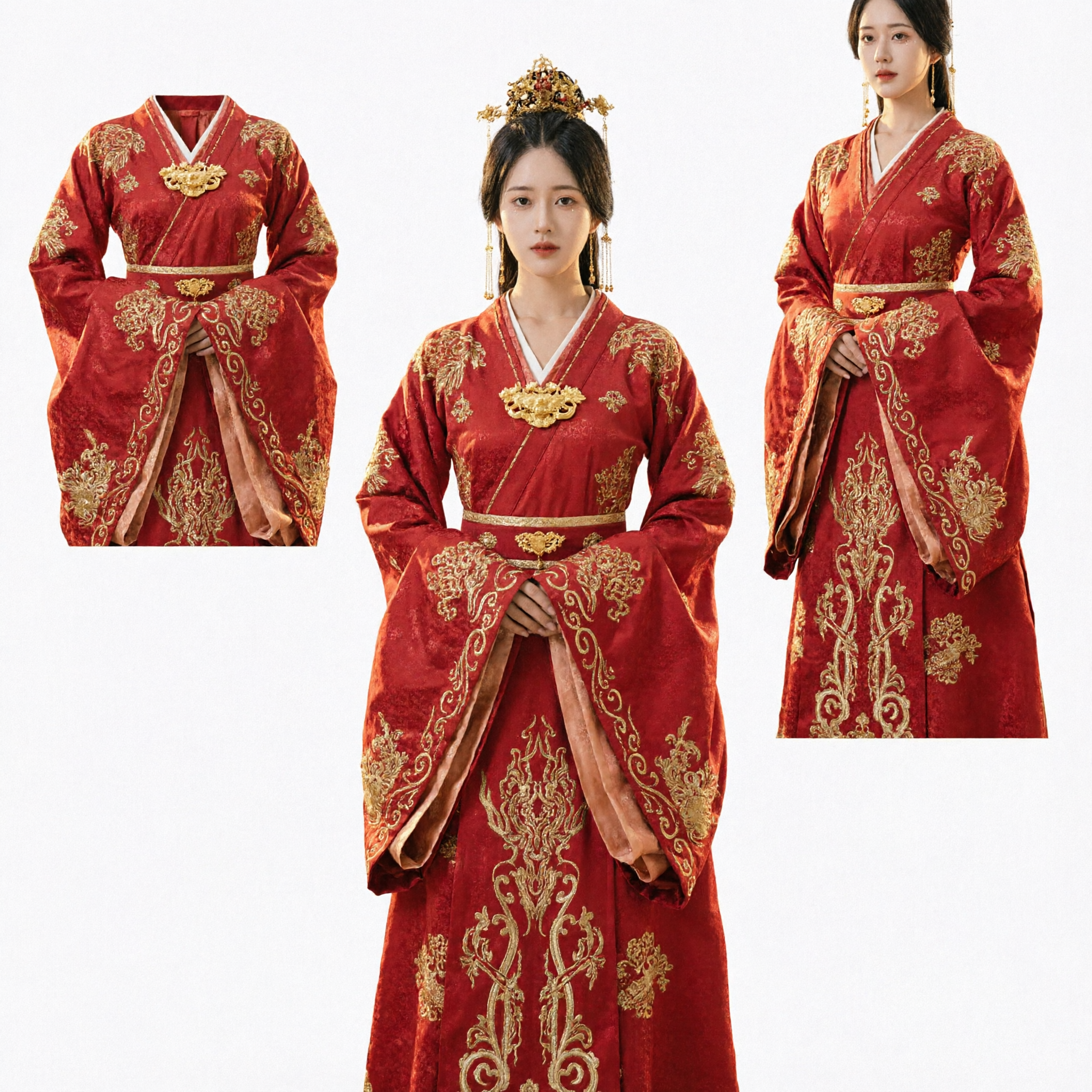 伝統的中国赤漢服 古代衣装金刺繍ウェディングドレス 女性用歴史コスプレ - Asian Costume