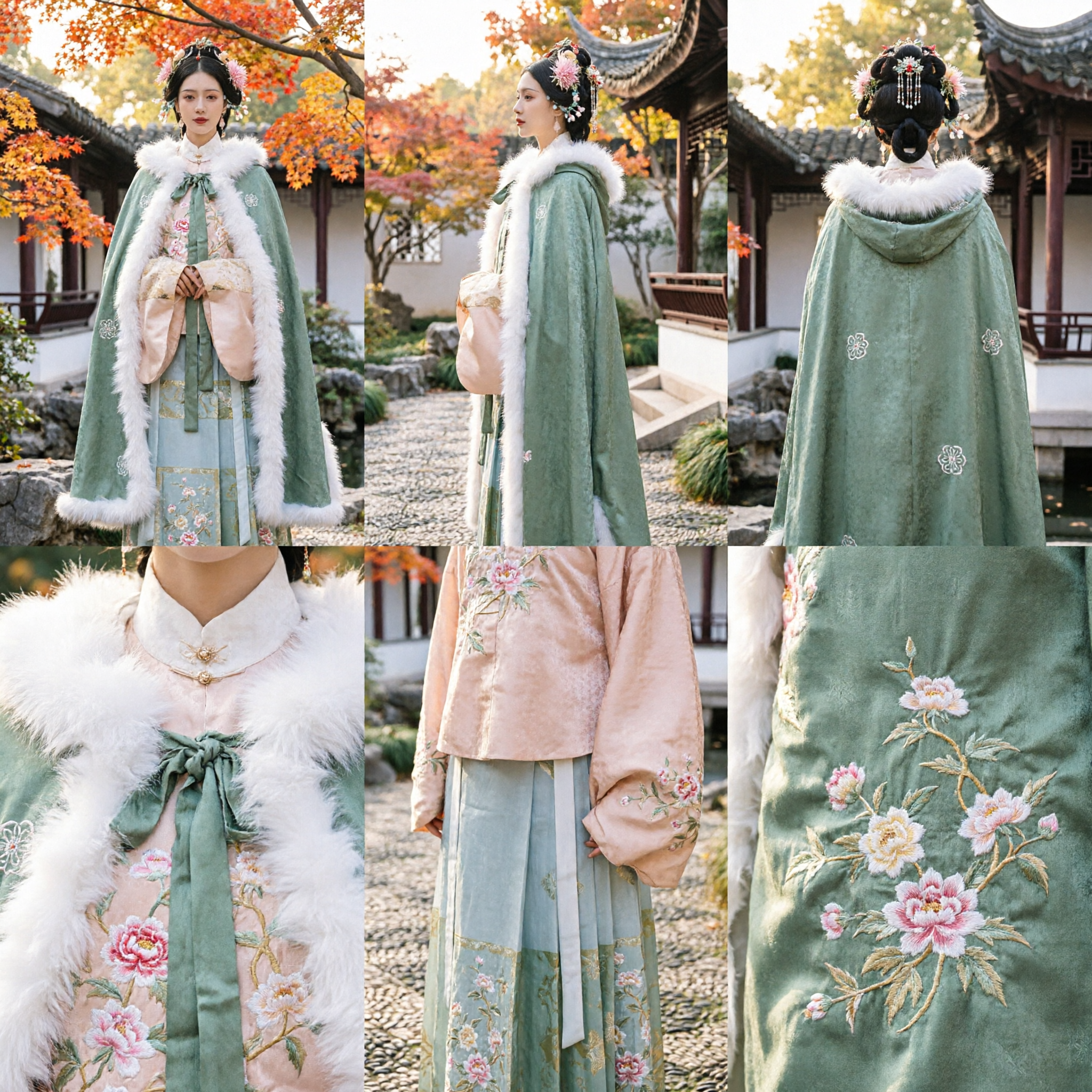 Mantello Invernale Tradizionale Cinese Hanfu per Donne con Bordo in Pelliccia Bianca Costume Storico da Nobile Dama Antica - Asian Costume