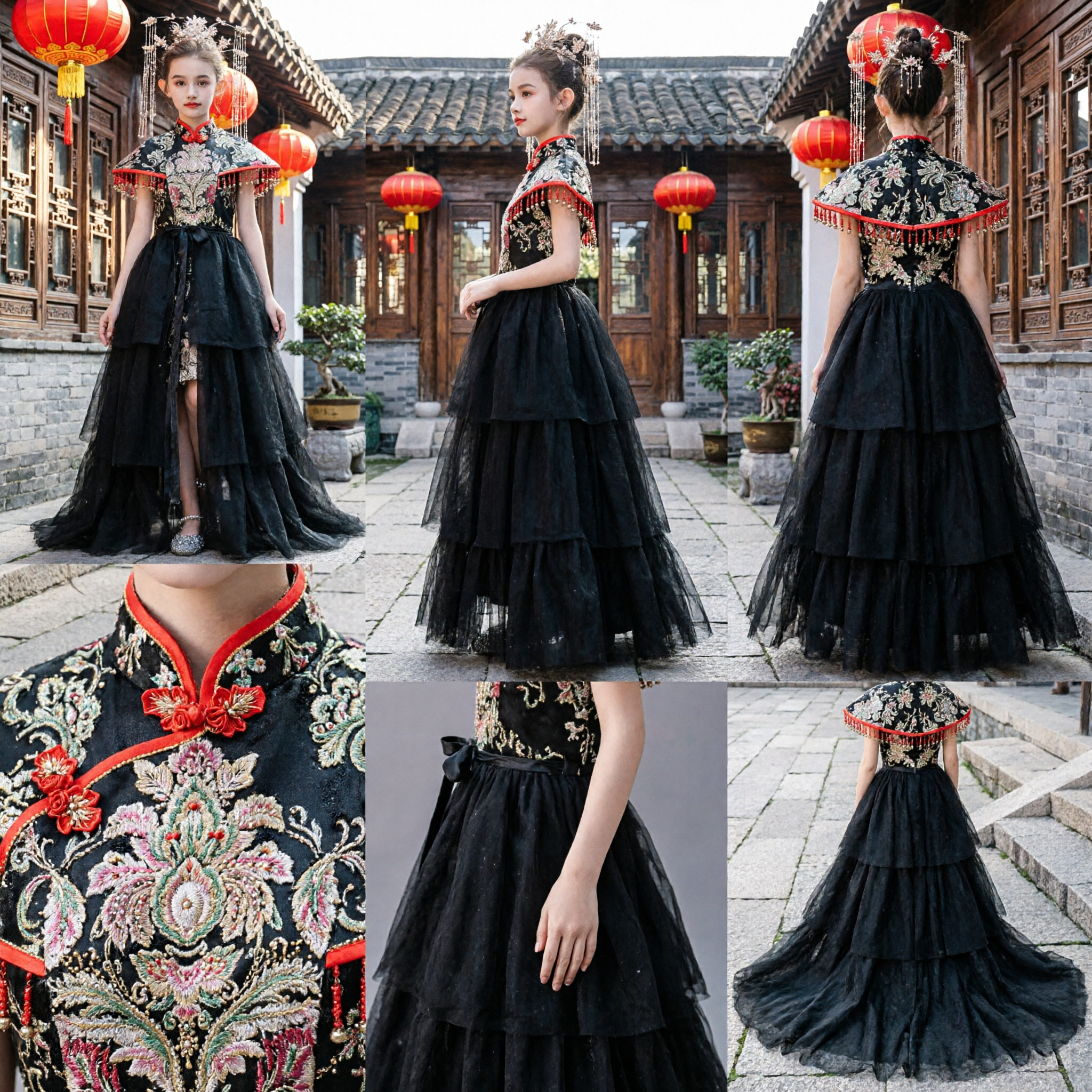 Élégante robe de soirée Qipao traditionnelle chinoise noire pour filles avec broderie et jupe de tulle pour les mariages - Asian Costume