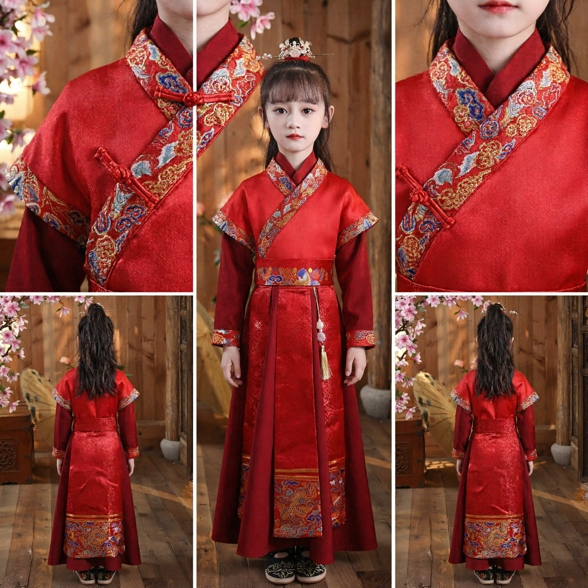Traje de Princesa Antigua Hanfu Tradicional Chino para Niñas Rojo Bordado Vestuario para Festivales y Actuaciones - Asian Costume