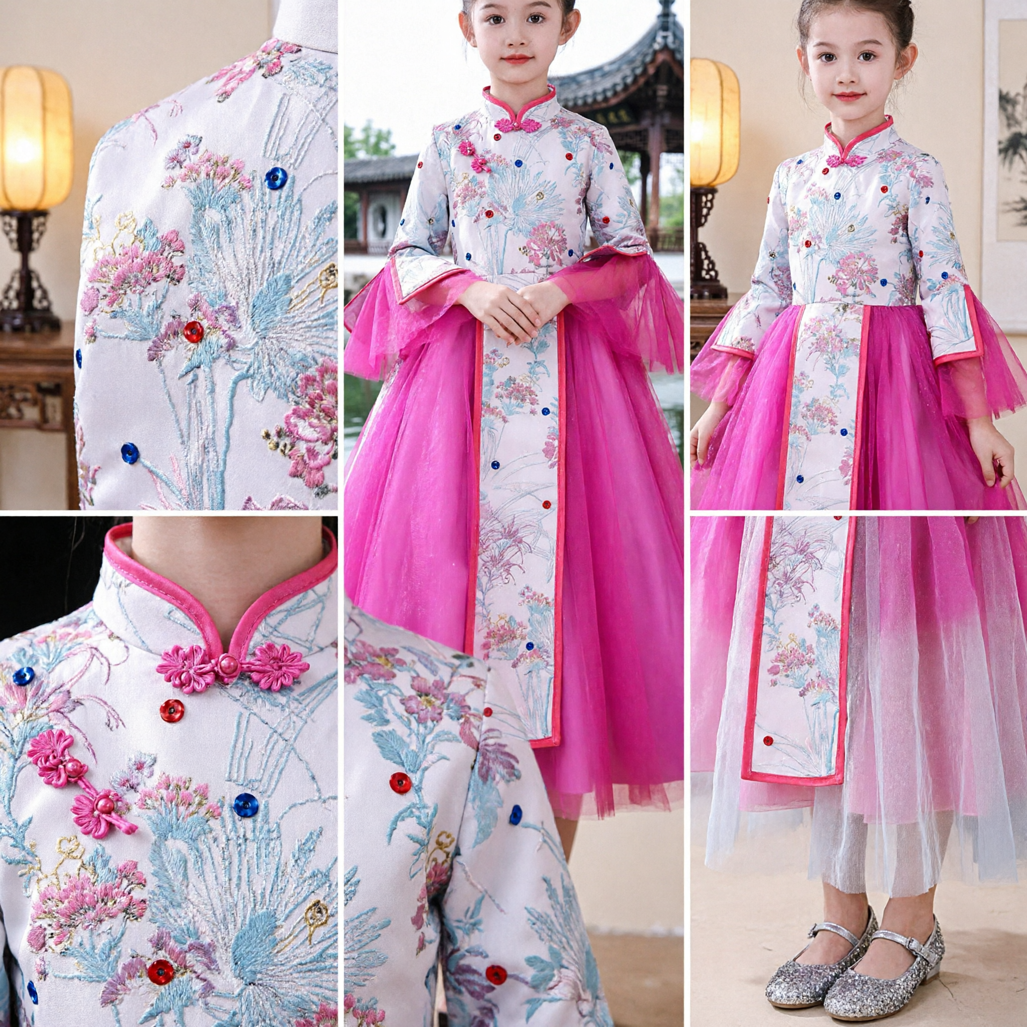 Traditionelles chinesisches Cheongsam-Kleid für Mädchen, rosa Tüll-Prinzessinnenkleid für Hochzeitsfeiern und Bühnenauftritte - Asian Costume