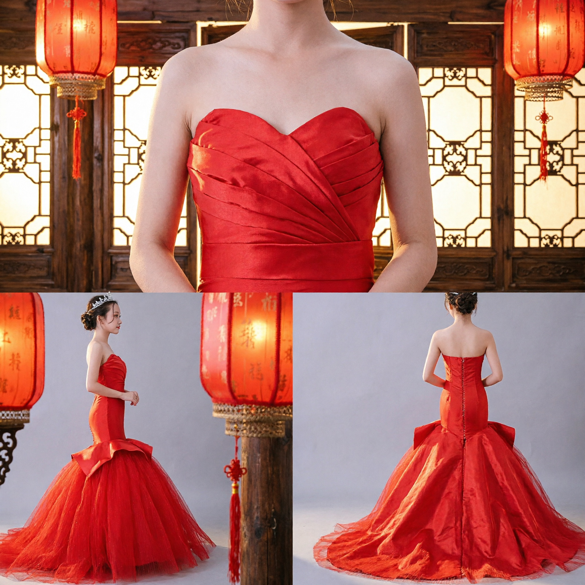 Vestido de Princesa Sereia Vermelho para Meninas Vestido Formal de Concurso, Casamento, Daminha de Honra Sem Alças de Tule - Asian Costume