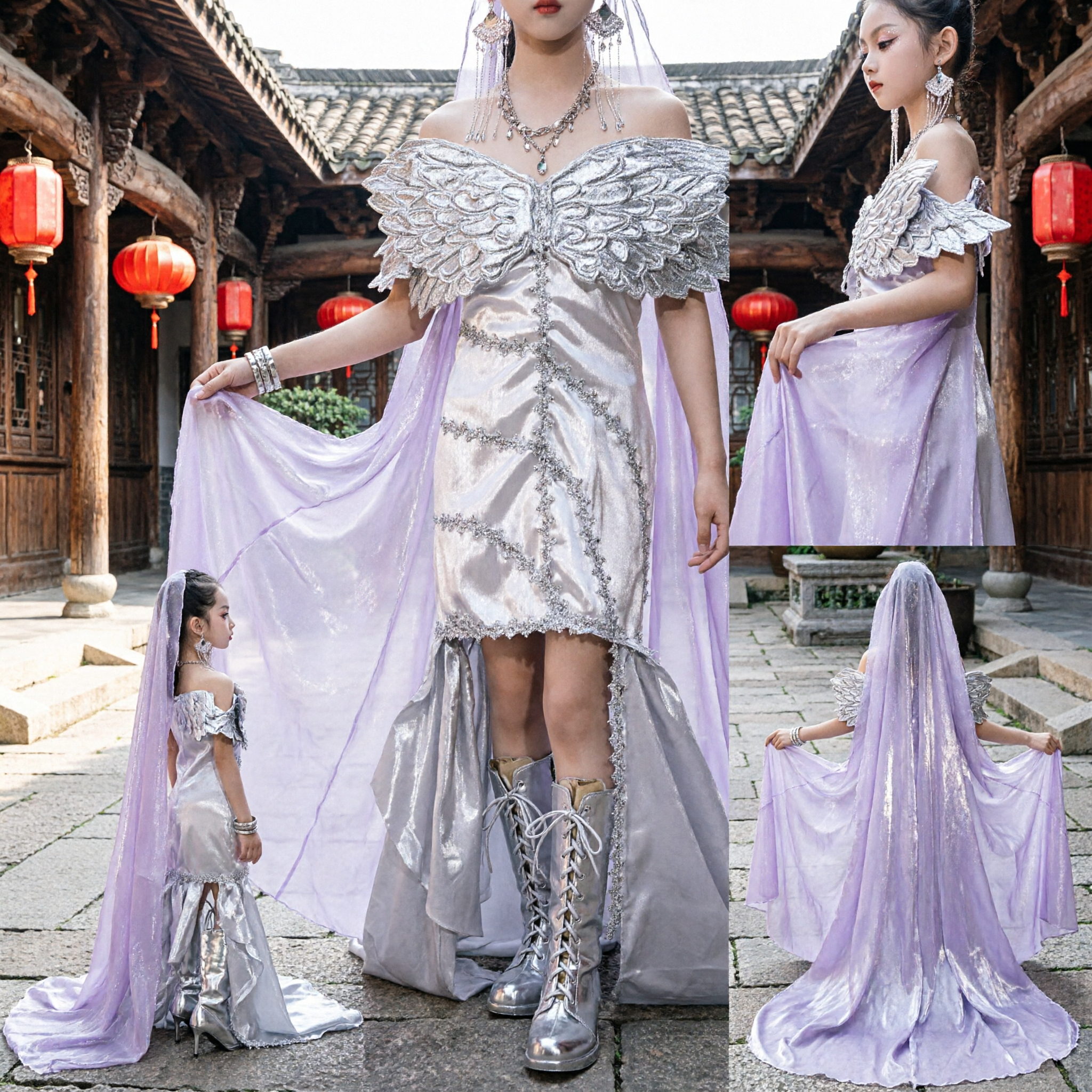 여아 백색 천사 요정 의상 날개 망토 포함 무대 댄스 공연 쇼복 - Asian Costume