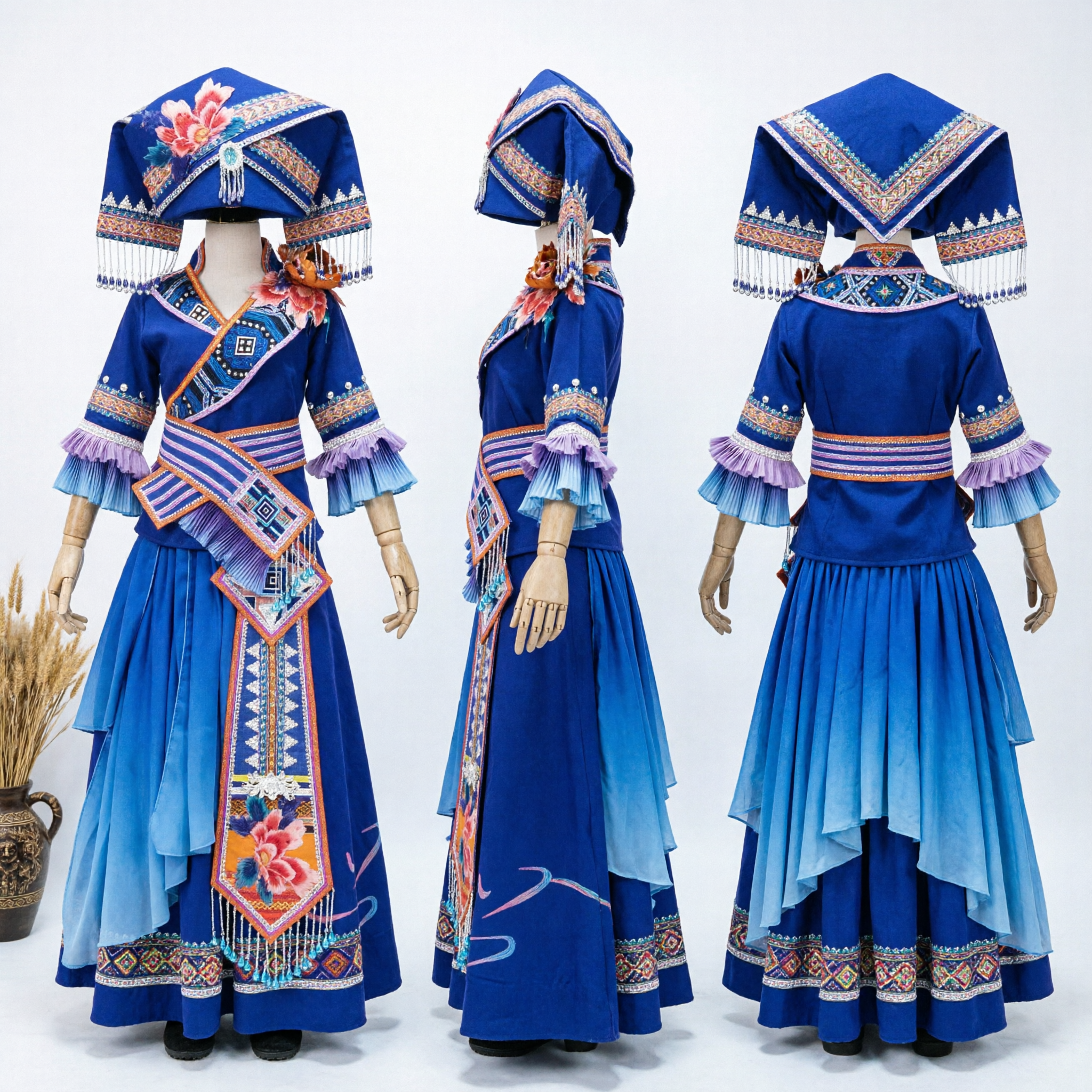 완전한 전통 중국 좡족 의상 파란색 자수 드레스와 모자 (무용 공연용) - Asian Costume