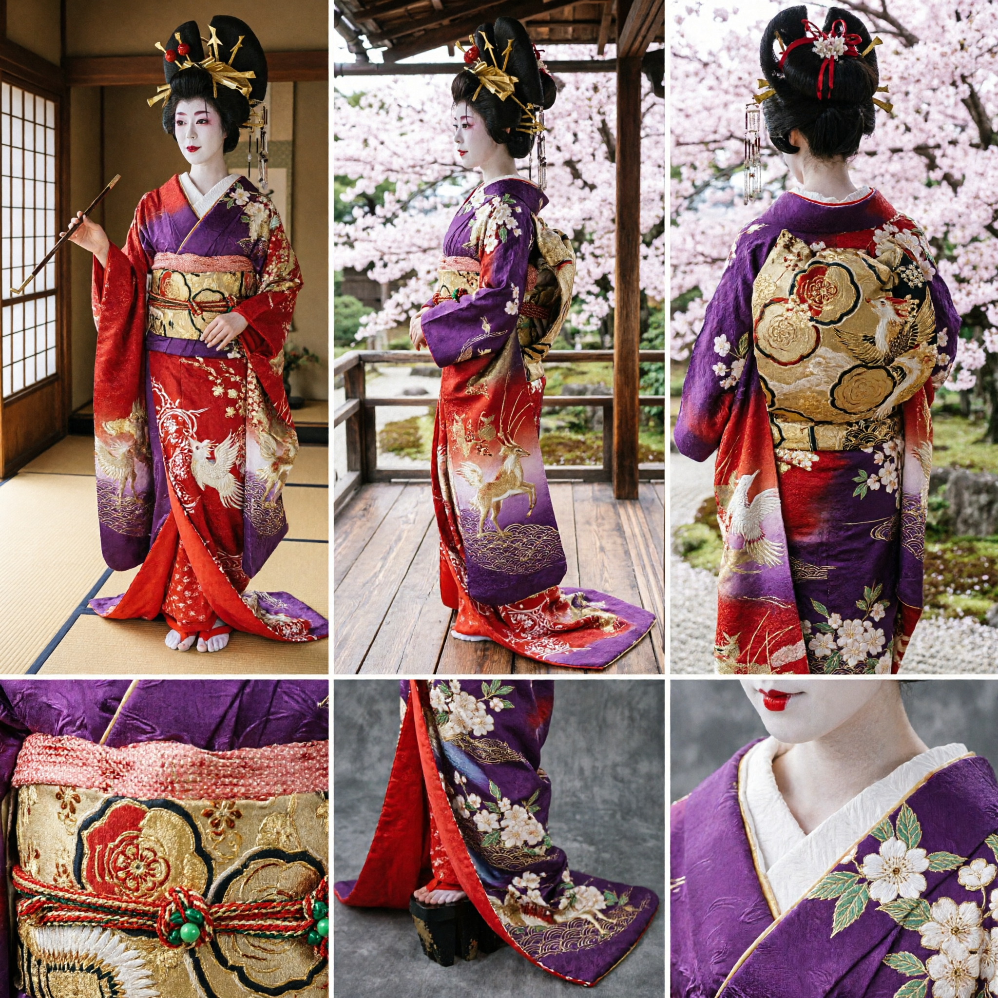 Traditional Japanese Geisha Costume Red Kimono Full Set with Gold Obi Wig and Accessories for Women Cosplay - Asian Costume