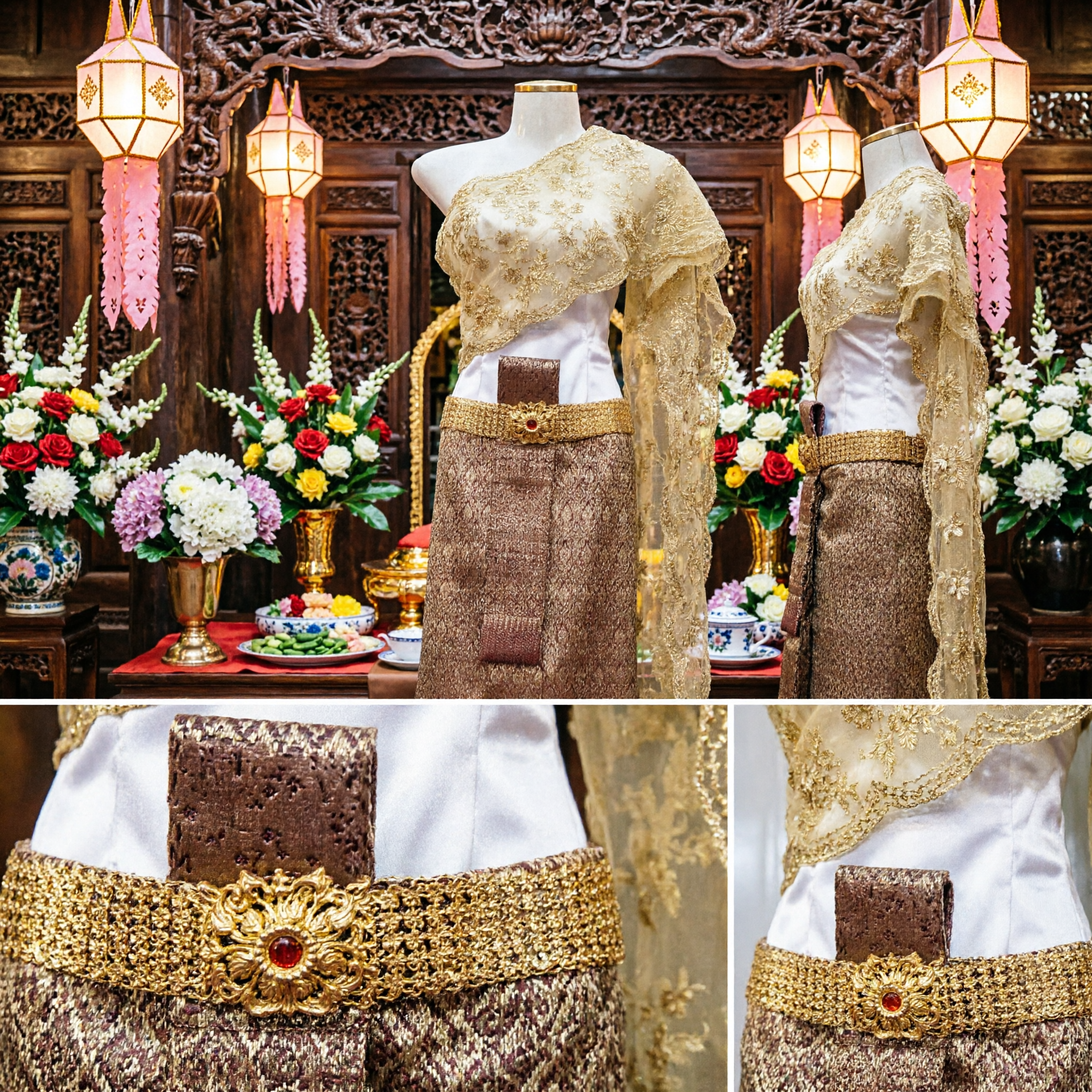 Elegante costume tradizionale thailandese per donne Set Sabai dorato, gonna broccato e cintura - Asian Costume