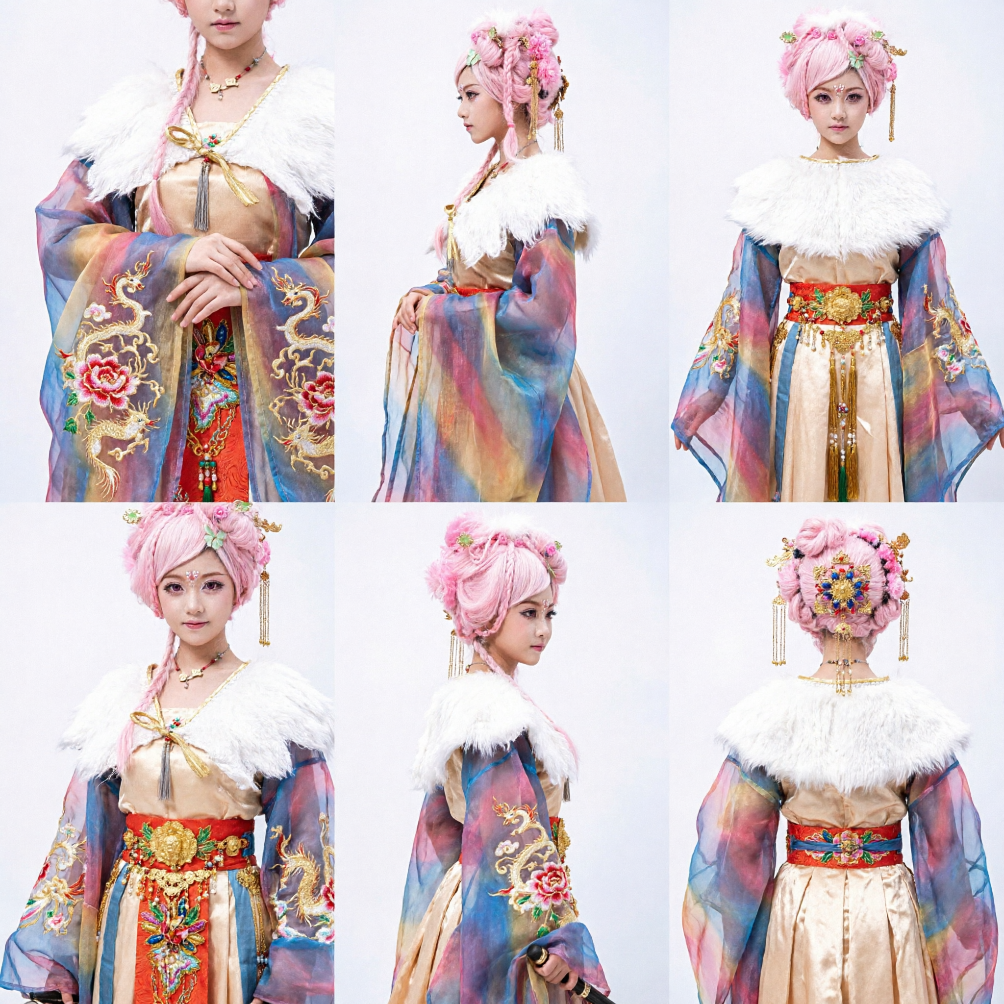 Traje de Cosplay de Fada Chinês Tradicional para Bonecas, Vestido Hanfu Antigo Rosa com Peruca e Acessório de Flauta - Asian Costume