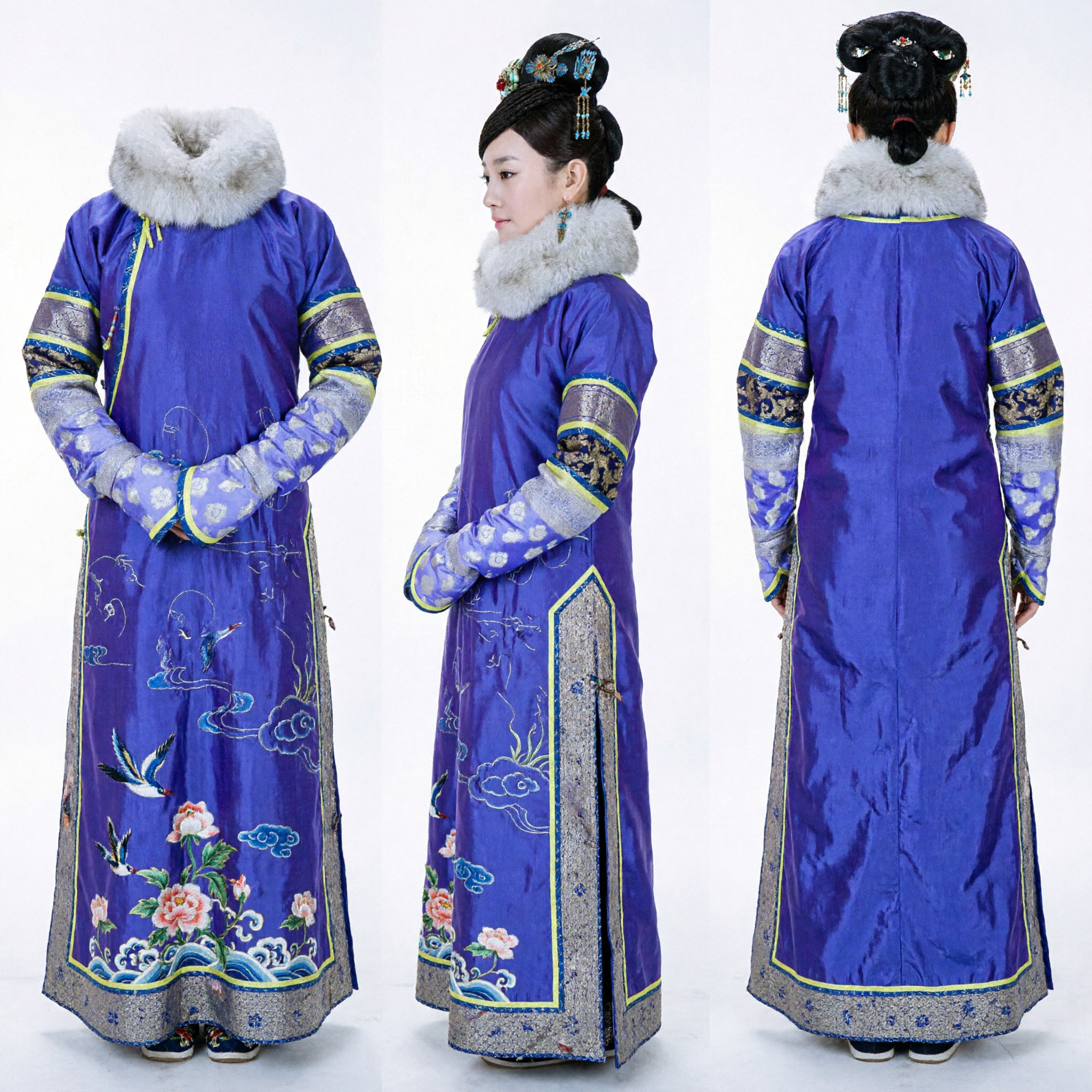 Costume du palais mandchou de la dynastie Qing chinoise traditionnelle, robe en soie bleue avec col en fourrure pour cosplay féminin - Asian Costume