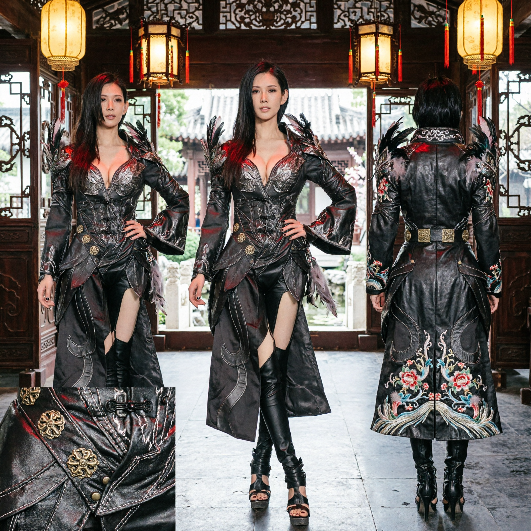 Vrouwen Dramatisch Zwart Leren Fantasy Krijger Kostuum met Rode Accenten voor Podiumoptreden Cosplay - Asian Costume