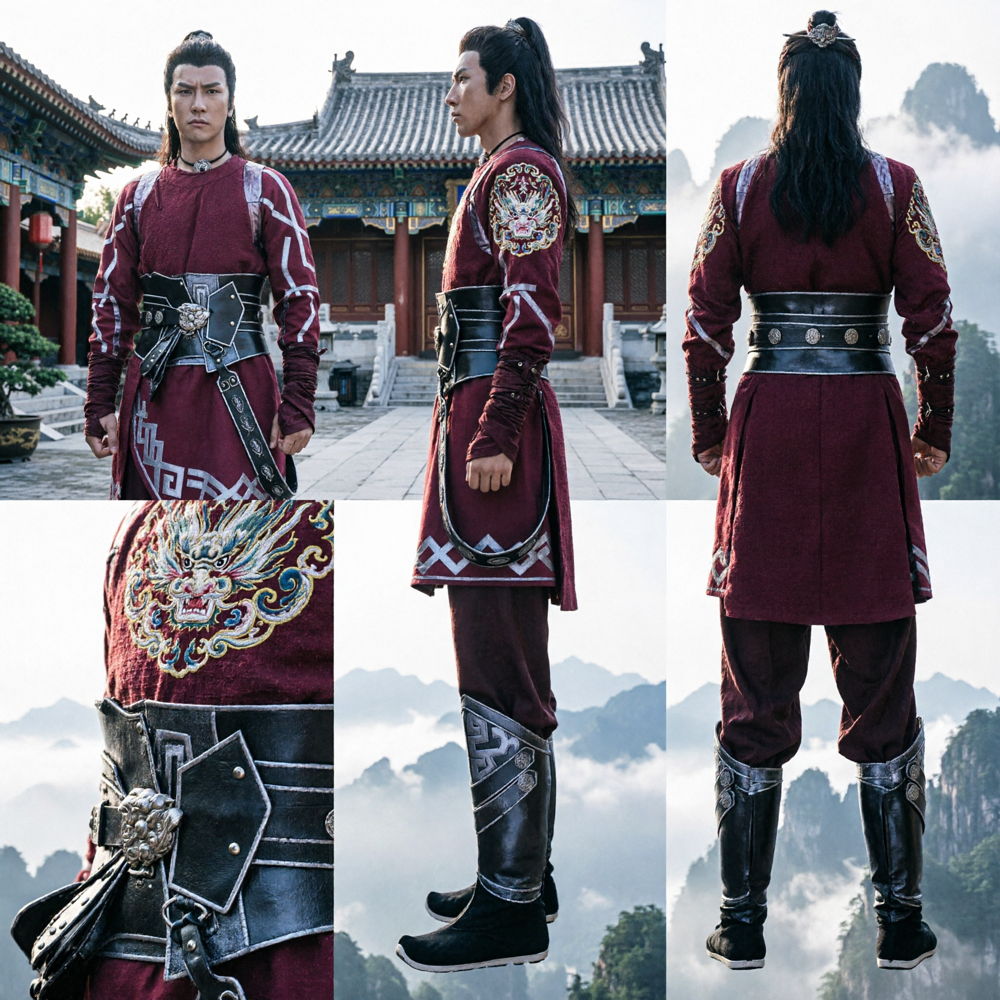 Costume da Guerriero Wuxia Kung Fu cinese antico per uomini Tunica rossa armatura nera per cosplay e Halloween - Asian Costume