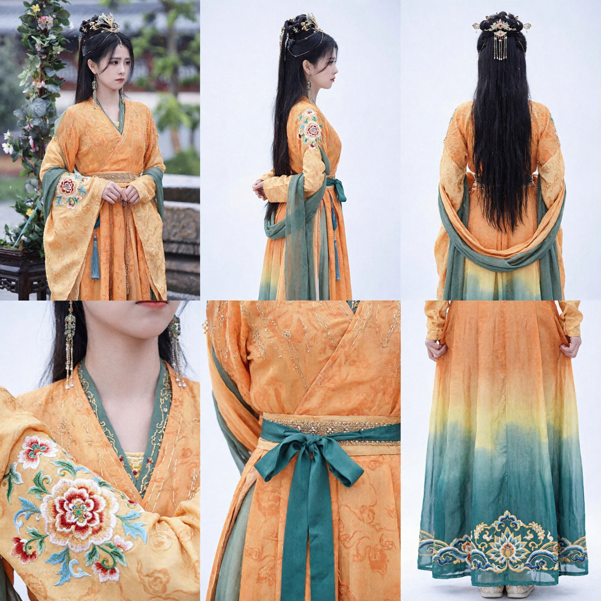 Elegante Hanfu Naranja y Verde Traje Tradicional Chino Antiguo Túnica de Cuello Cruzado para Mujer Cosplay de Princesa - Asian Costume