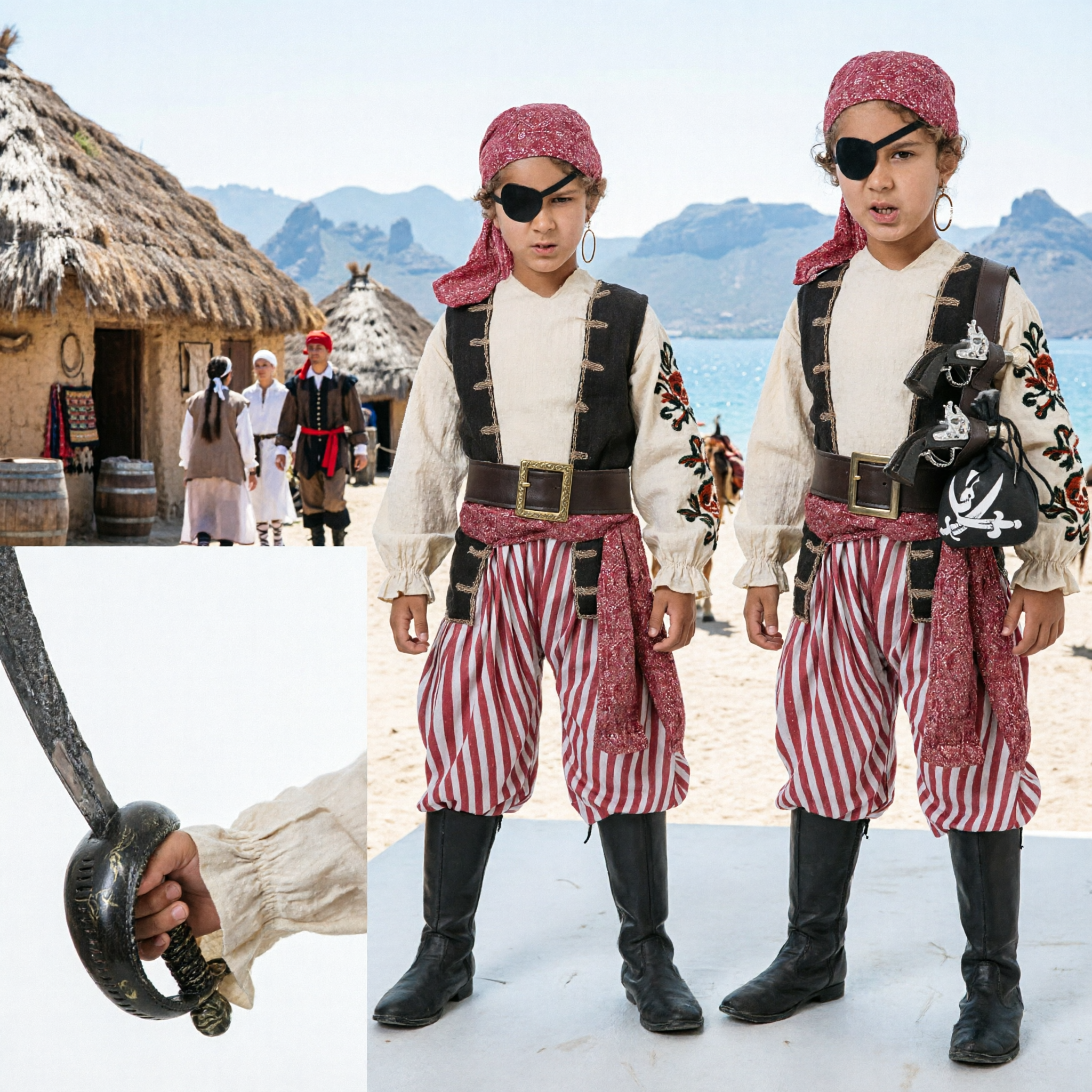 Kids Caribbean Pirate Captain Costume Boys Halloween Dress Up Outfit with Sword and Accessories - Asian Costume