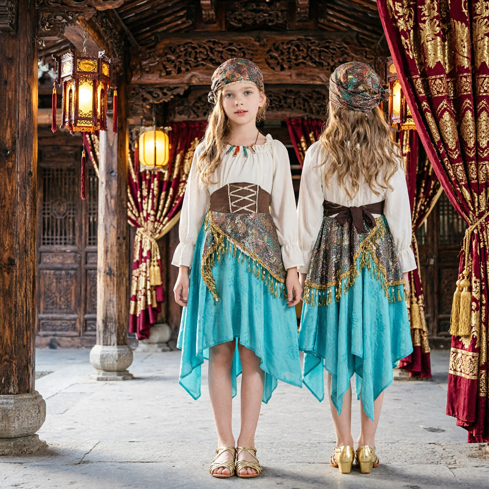 어린이 소녀 해적 공주 의상 세트 할로윈 집시 댄서 코스프레 복장 (머리스카프 및 스커트 포함) - Asian Costume