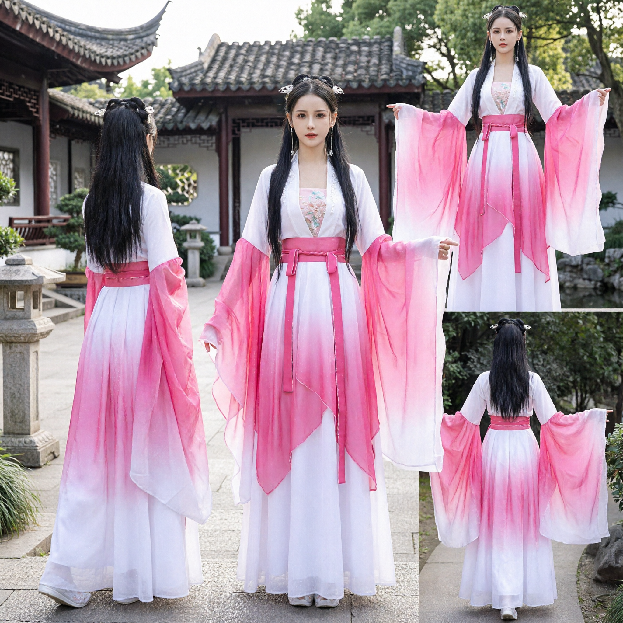 Traditionelles Chinesisches Hanfu-Kostüm Rosa Weiß Verlauf Weitärmeliges Antikes Feenkleid für Frauen - Asian Costume
