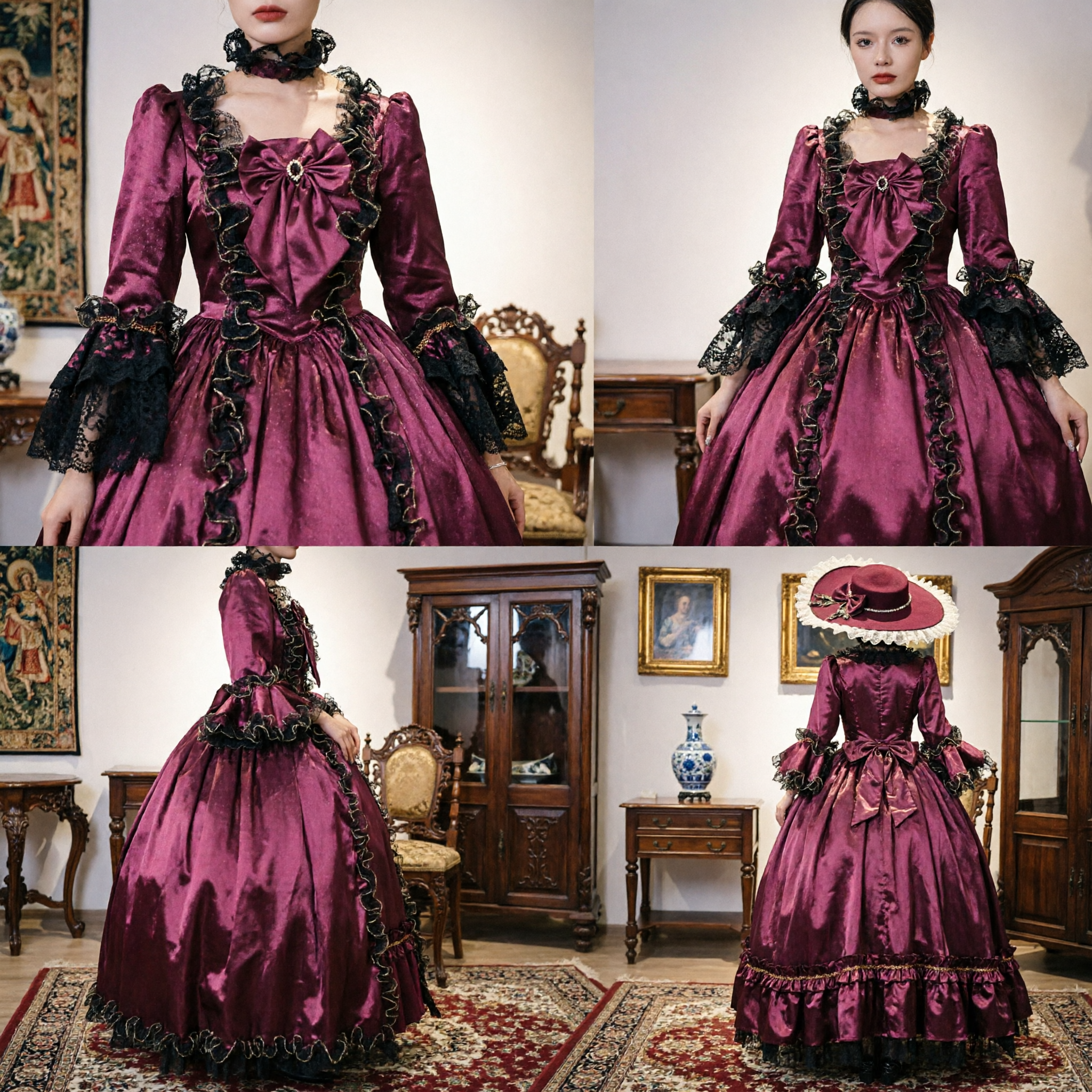 Robe de bal rococo victorienne en satin violet pour femmes, costume cosplay Marie-Antoinette pour fête d'Halloween - Asian Costume