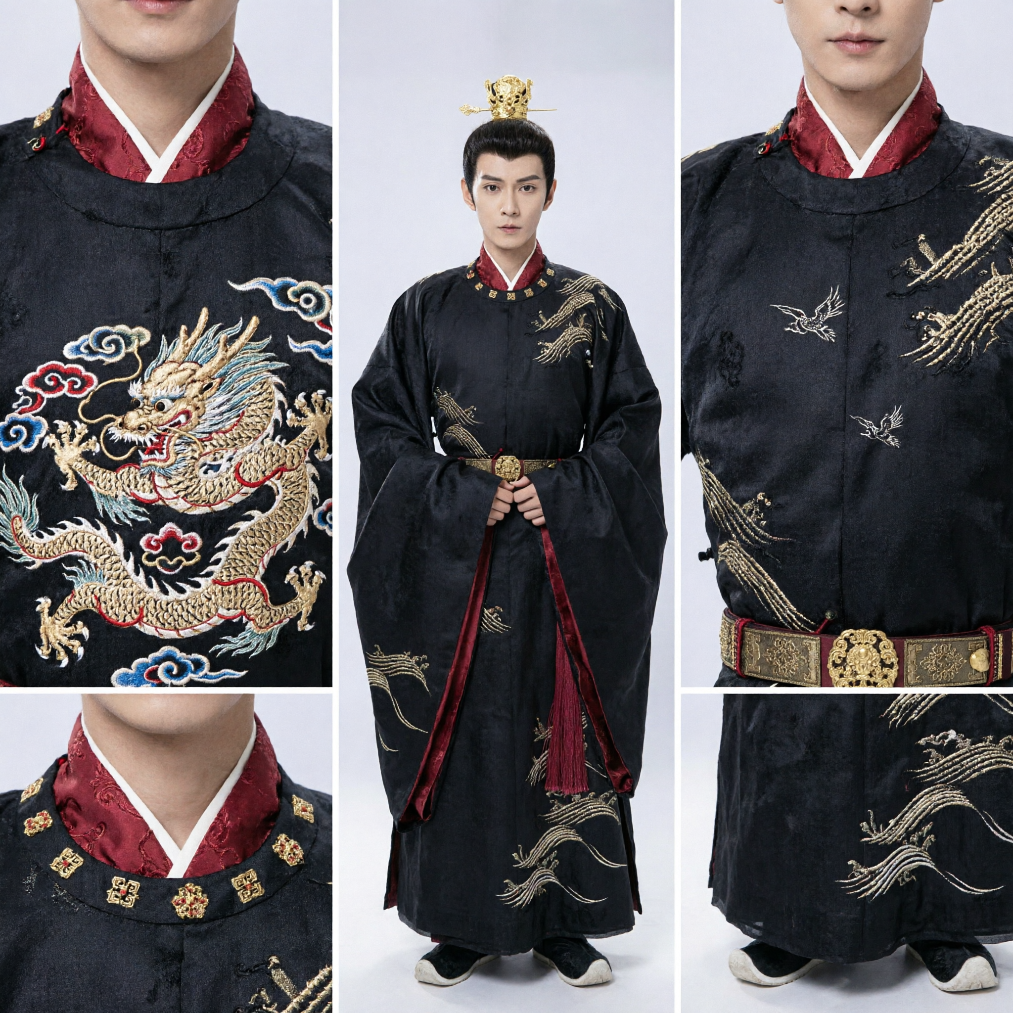Traje de Príncipe Antiguo Chino para Hombres, Túnica Hanfu Negra con Bordado Dorado, Ropa Histórica Tradicional - Asian Costume