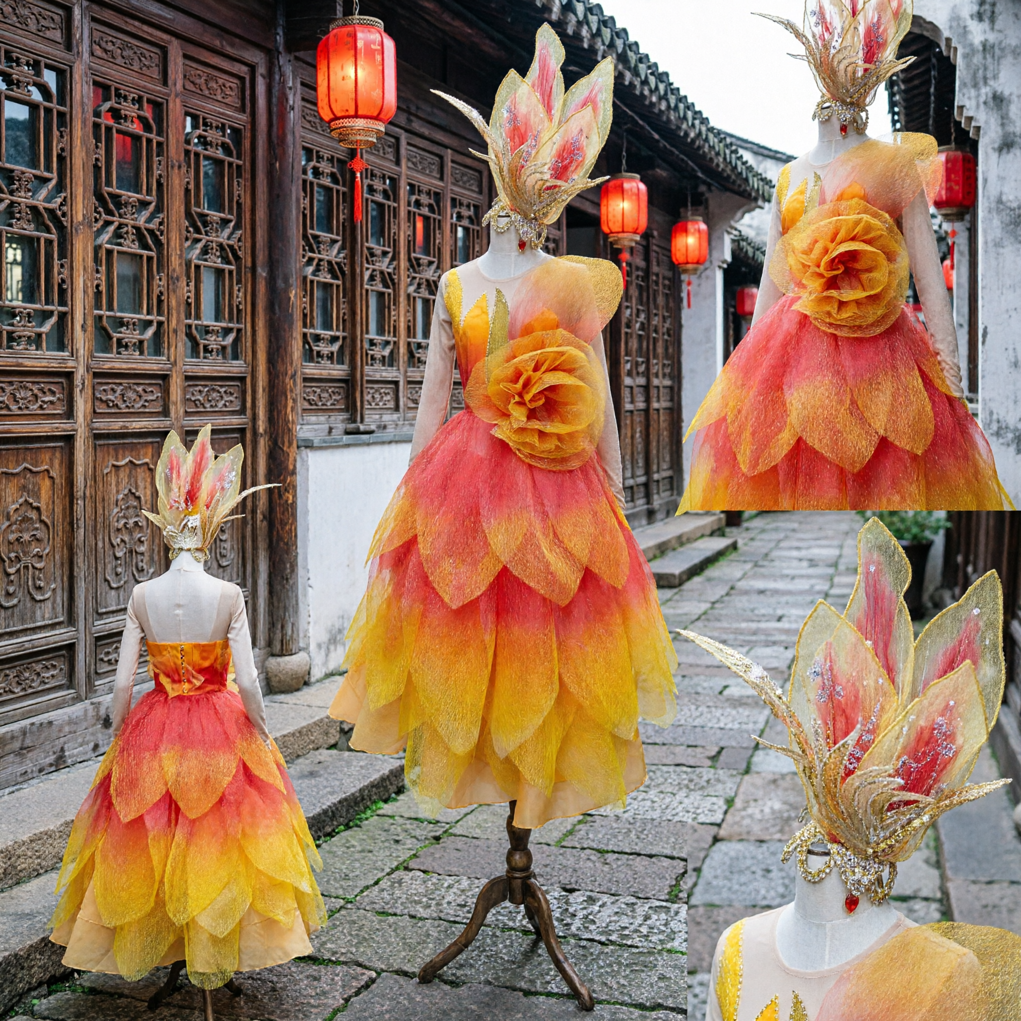 زي أداء المسرح النسائي باللونين الأصفر والبرتقالي الزاهي مع زهرة مطابقة وغطاء رأس للعروض الراقصة - Asian Costume