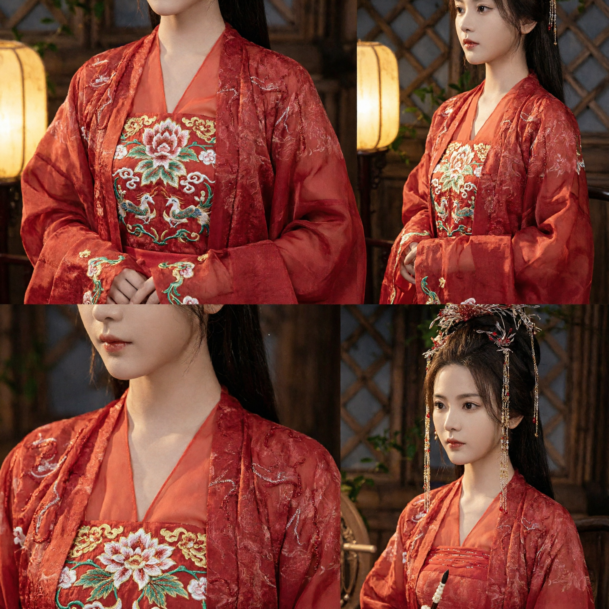 古代中国風 赤いハンフ（漢服）衣装セット（精巧なヘッドピース付き）女性用 歴史ドラマコスプレ向け - Asian Costume