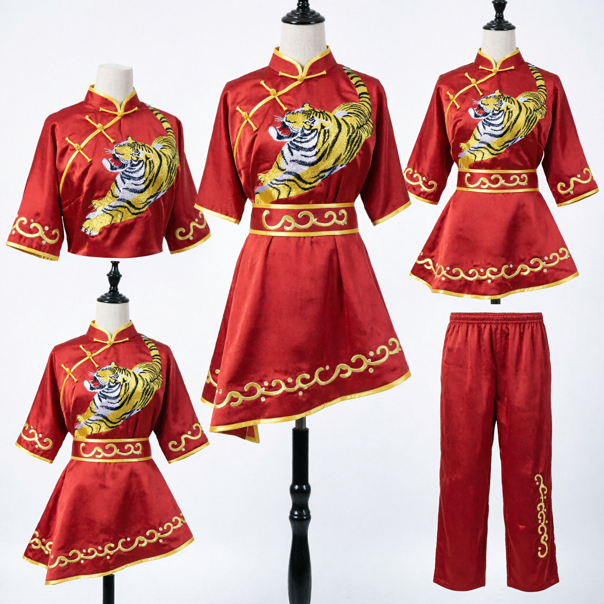 Traje Vermelho Tradicional Chinês de Artes Marciais com Bordado de Tigre, Uniforme de Kung Fu para Performance de Dança do Leão - Asian Costume