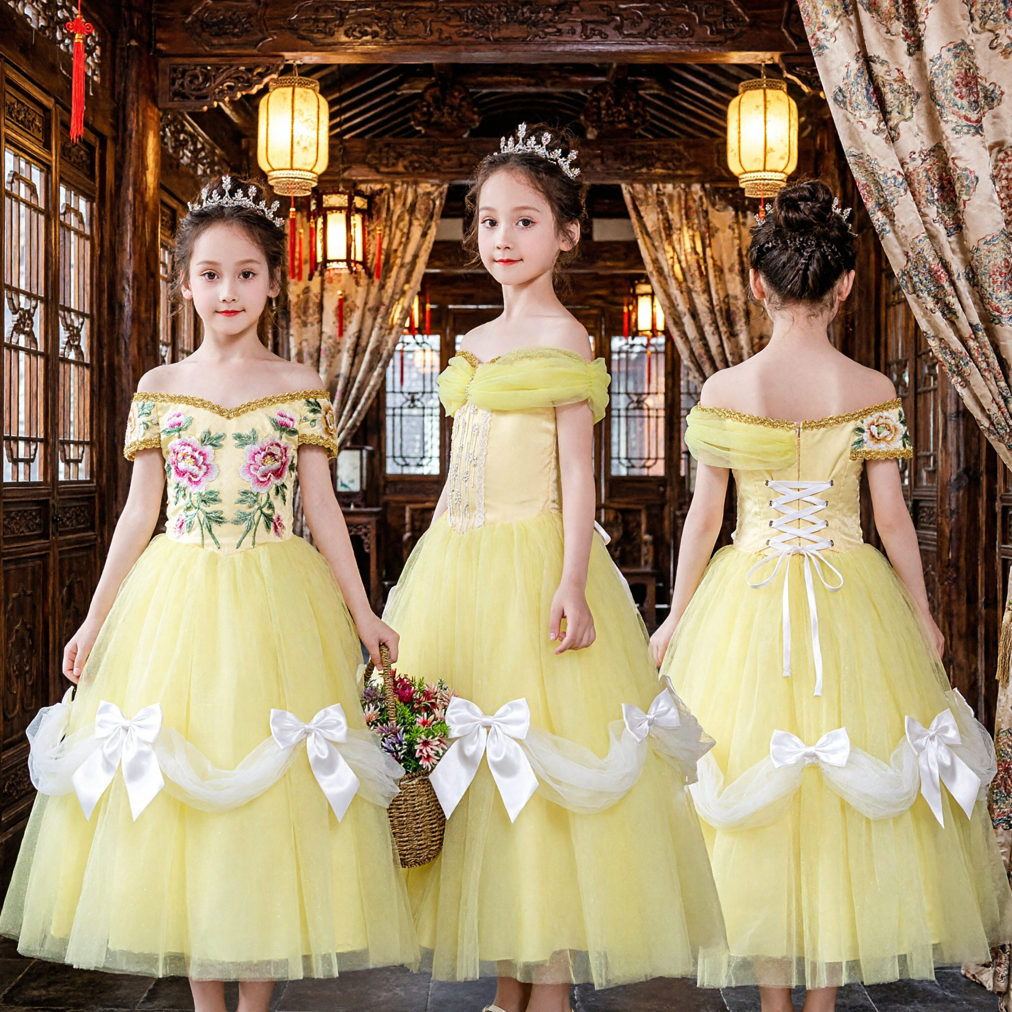 Elegante Abito da Principessa Giallo Spalle Scoperte a Ballo per Ragazze Bambine Costume per Halloween Cosplay Feste - Asian Costume