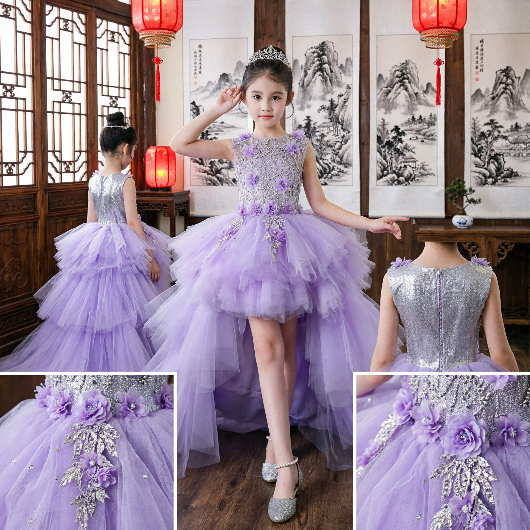 Girls Purple High-Low Flower Girl Dress with Floral Applique Tulle Skirt for Wedding Party Pageant Performance - Asian Costume
