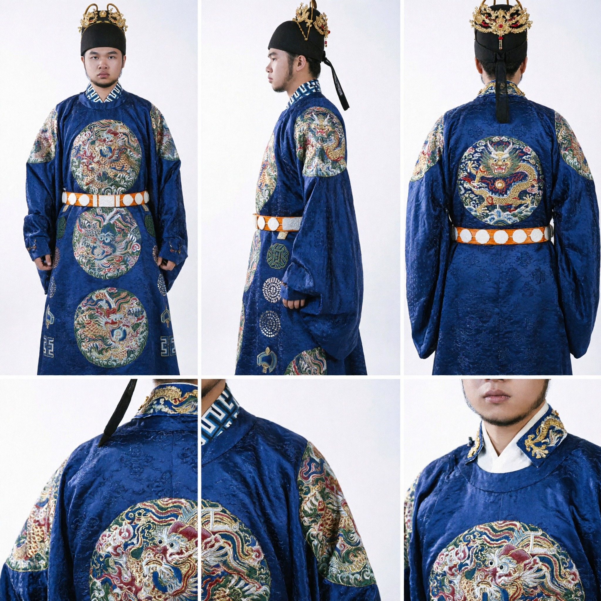 전통 중국 명나라 파란 용 로브 한푸 의상 남성 고대 황제 관복 - Asian Costume