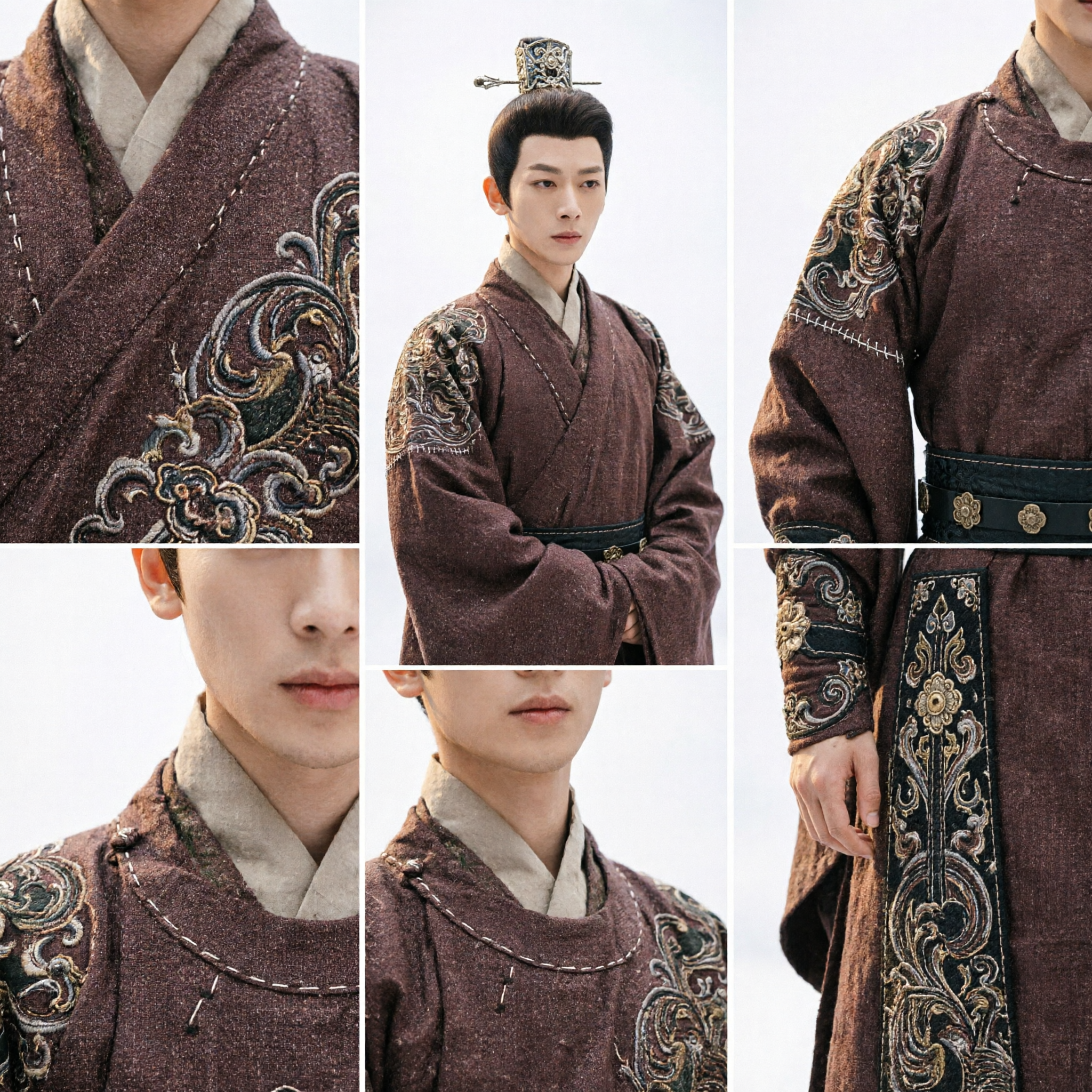Chinese Oude Adel Hanfu Kostuum Mannen Bruine Bontkraag Gewaad Historisch Drama Cosplay Outfit - Asian Costume