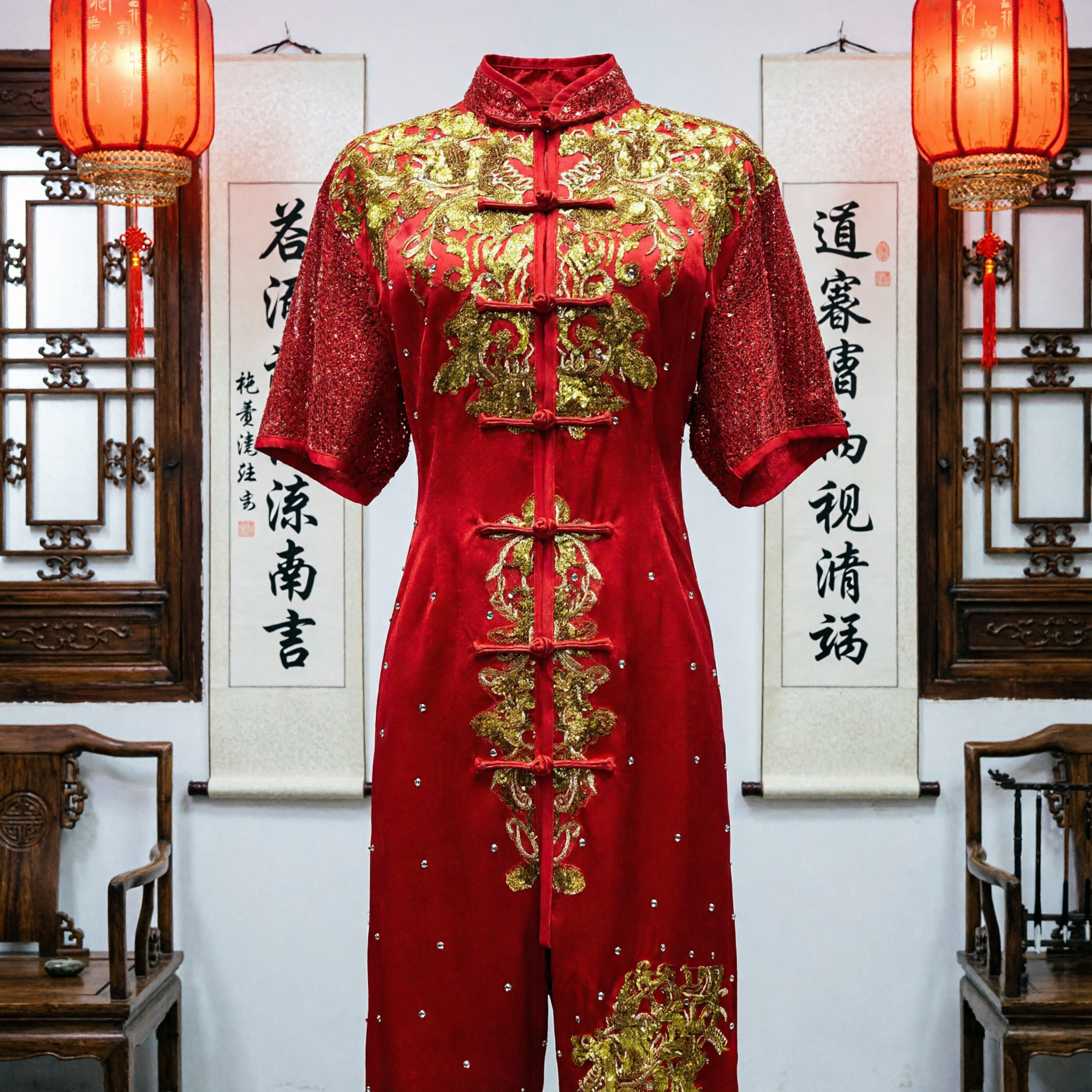 Conjunto de Uniforme de Kung Fu Tradicional Chinês Bordado com Dragão Vermelho para Artes Marciais e Performance de Dança do Leão - Asian Costume