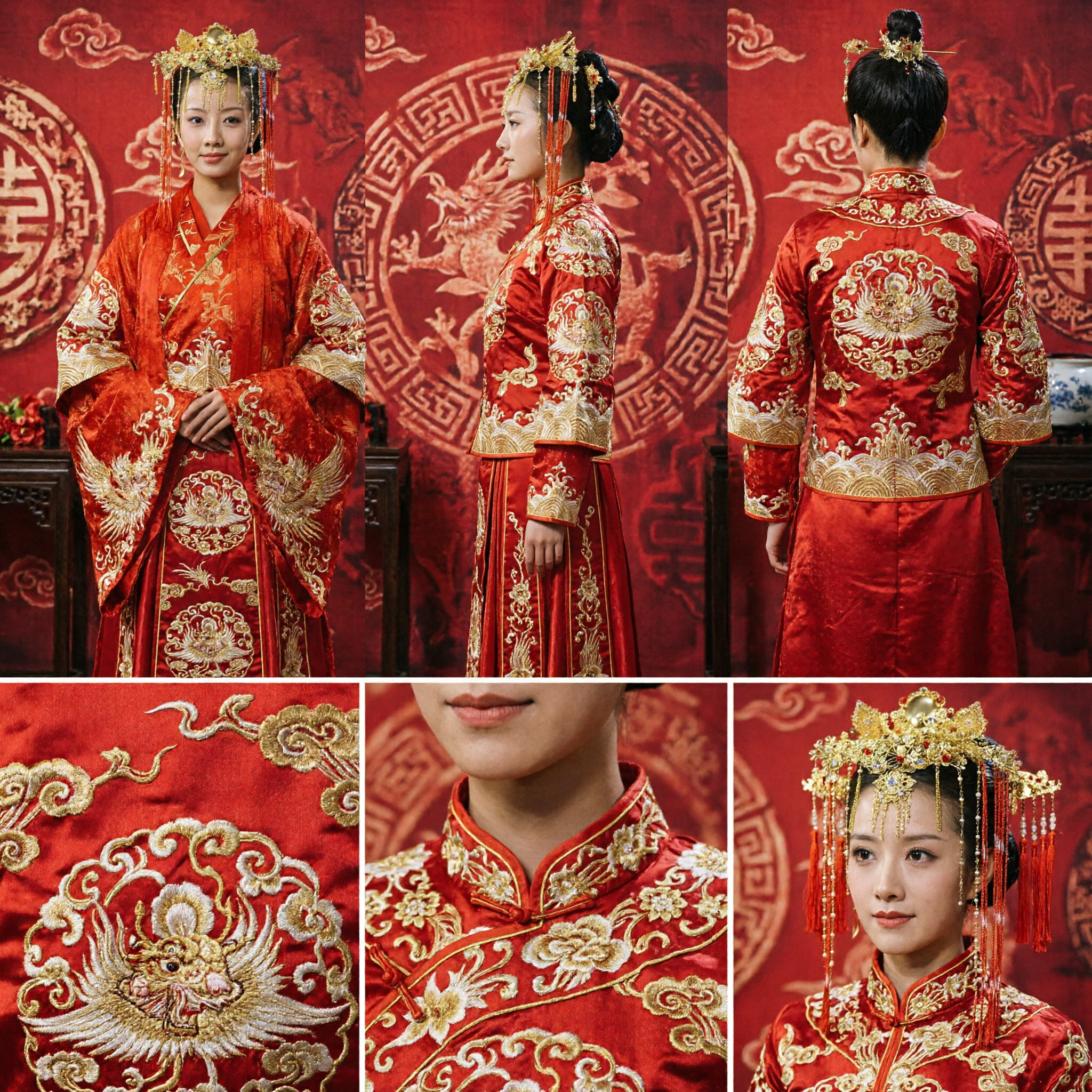 Vestido de Novia Hanfu Tradicional Chino Rojo con Corona de Fénix Dorada para Mujer - Asian Costume