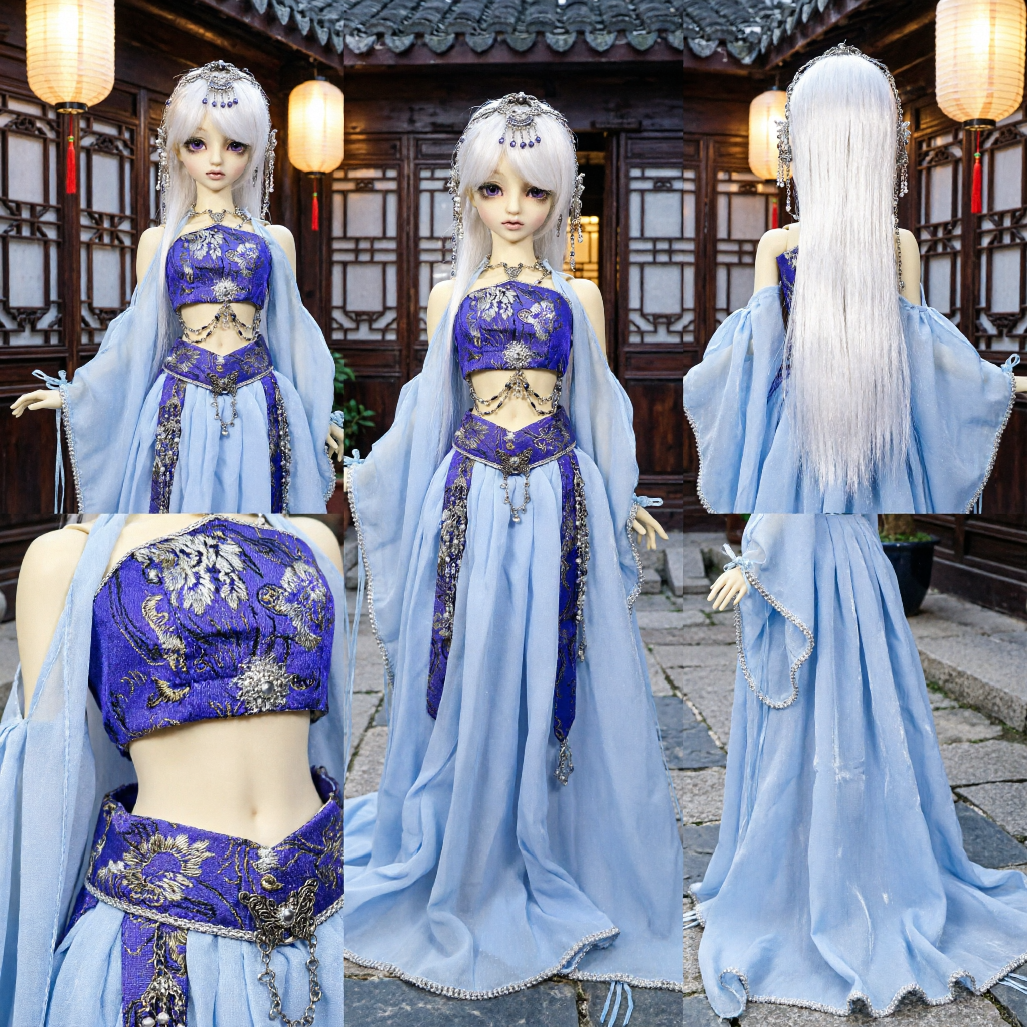 Elegante Set Costume Hanfu Fantasy Blu per Bambola BJD SD 1/3 con Mantello Trasparente e Accessori di Gioielleria - Asian Costume
