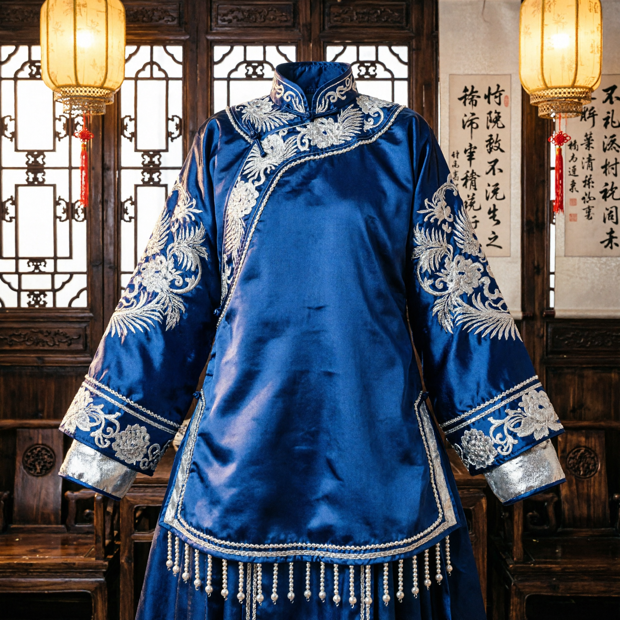 Coroa de Cabelo de Filigrana Prateada Exquisita com Pedra Central Azul para Cosplay Hanfu e Acessórios de Noiva - Asian Costume