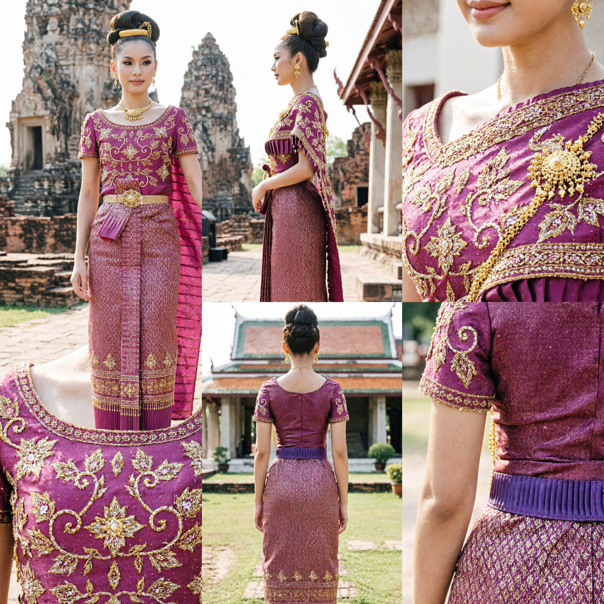 Elegante Vestito Tradizionale Tailandese in Seta Rosa Chut Thai con Ricamo Dorato per Donne per Cerimonie Formali - Asian Costume