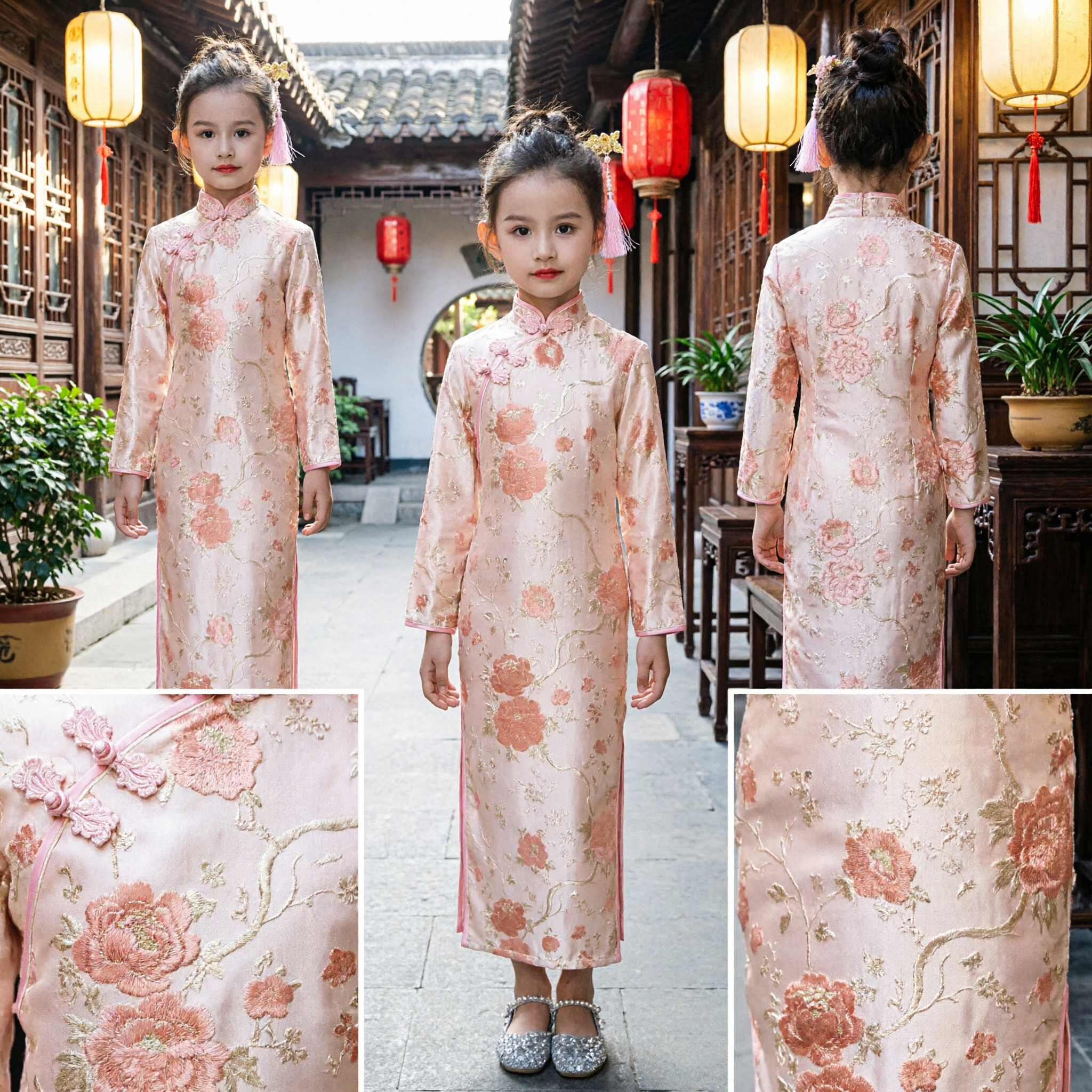 Elegante Kinderen Meisjes Bloemen Cheongsam Jurk Traditionele Chinese Qipao Lange Mouw Kostuum voor Nieuwjaar - Asian Costume