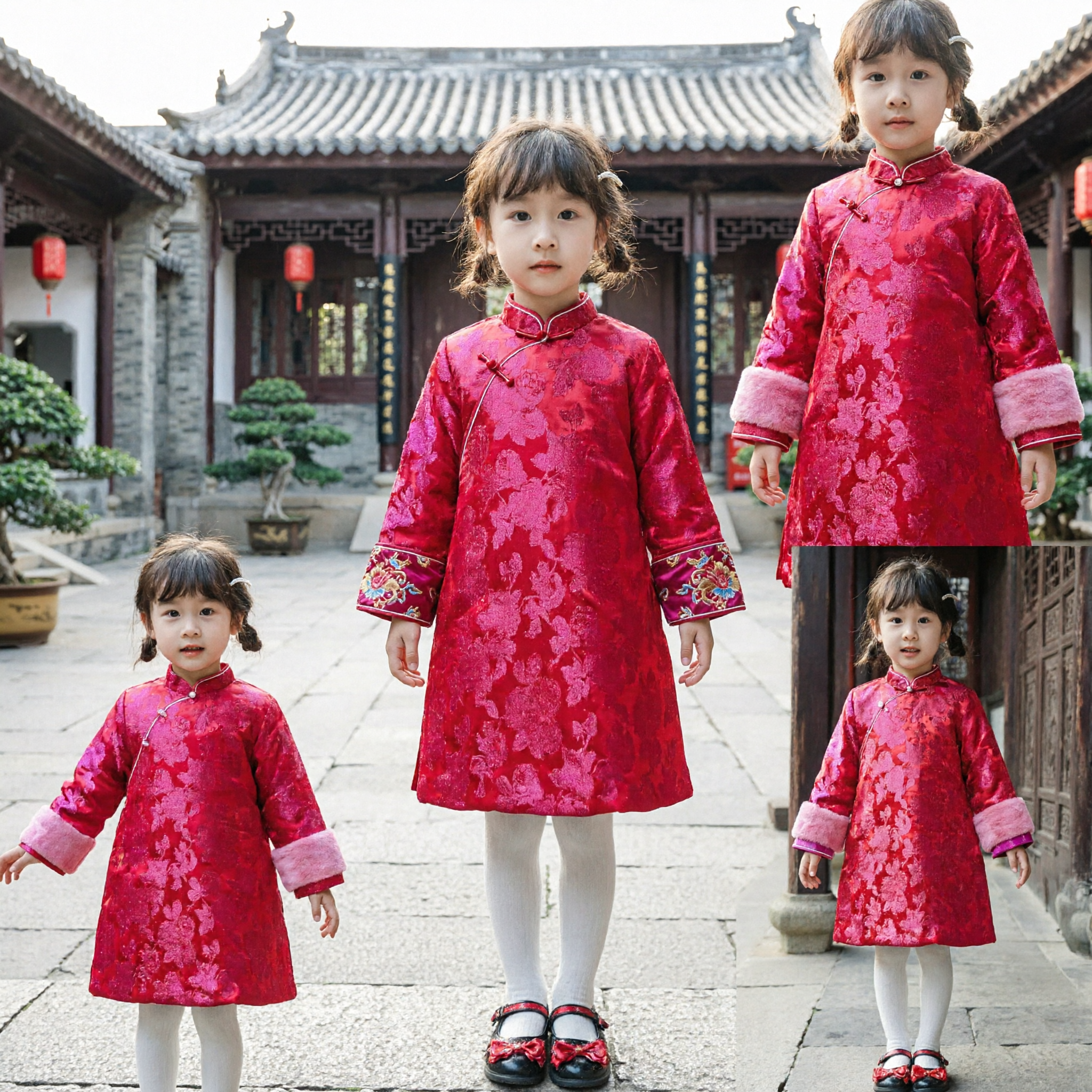 Abrigo Vestido de Brocado Invernal Abrigado Tang Suit Rojo para Niñas para Año Nuevo Chino - Asian Costume