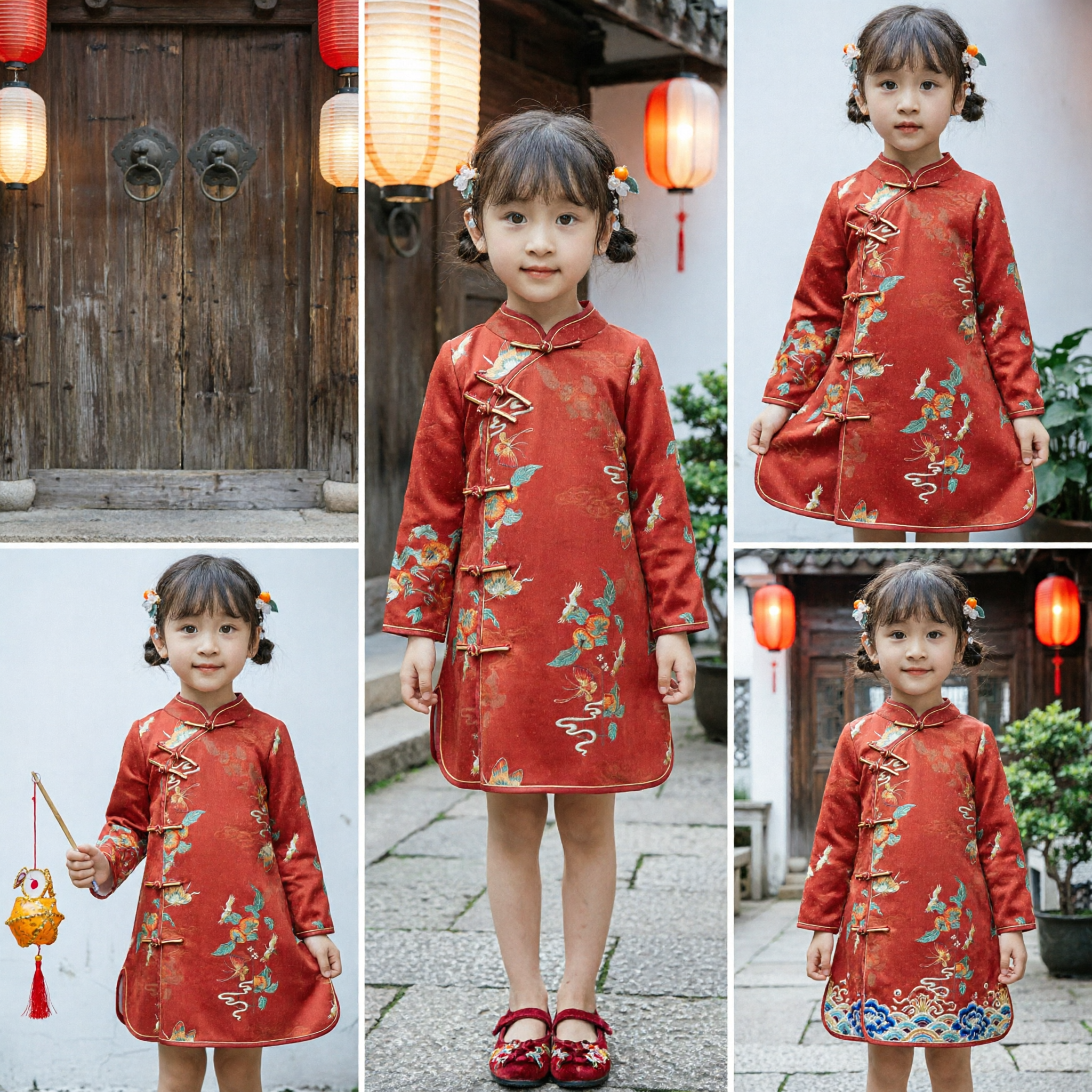 Kinder Mädchen Traditionelles Rotes Chinesisches Cheongsam Tang-Anzug Bestickter Kranich-Kleid für Mondneujahr Frühlingsfest-Kostüm - Asian Costume