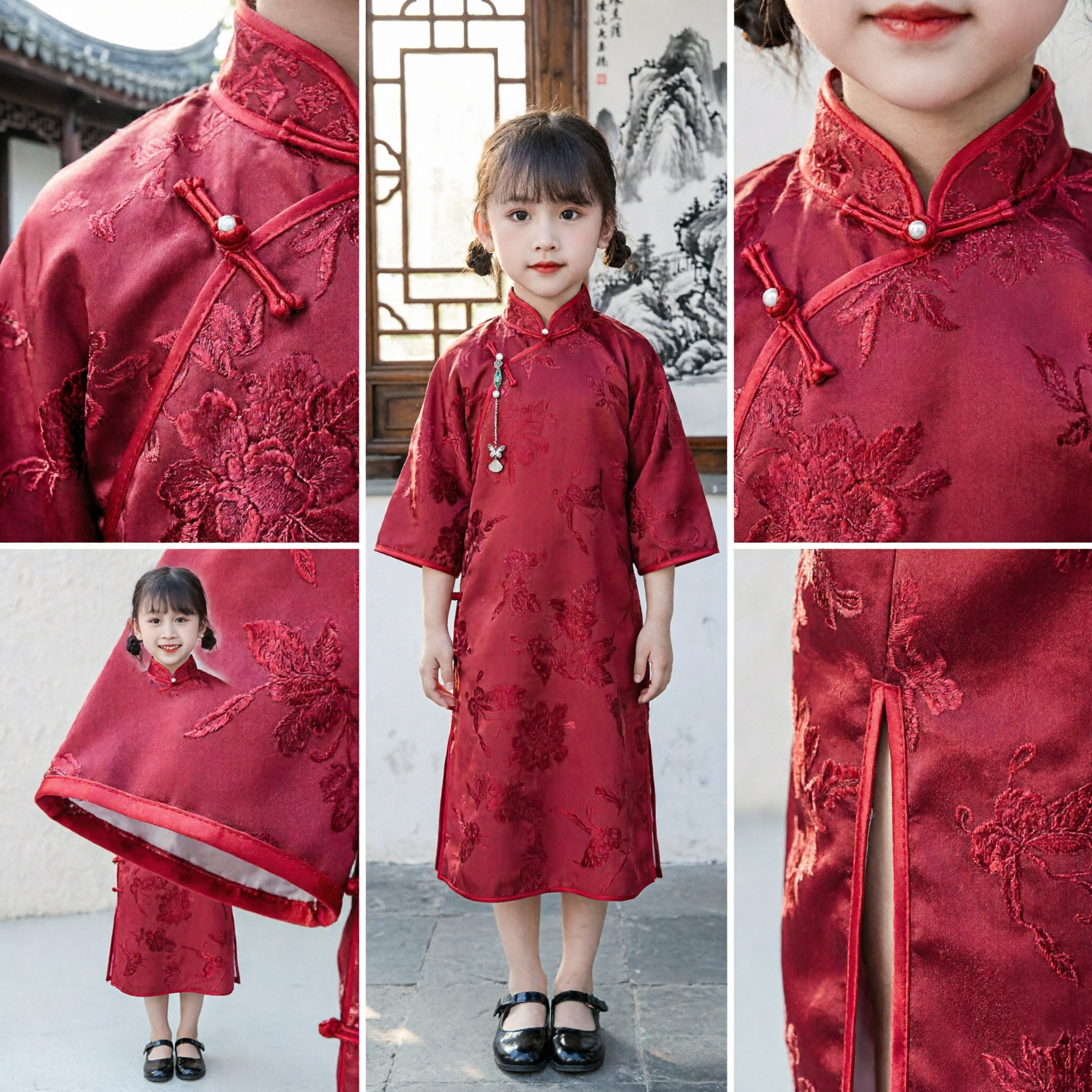 Abito Qipao Rosso Tradizionale Cinese per Bambine Cheongsam in Jacquard Farfalla Tangzhuang per il Nuovo Anno - Asian Costume