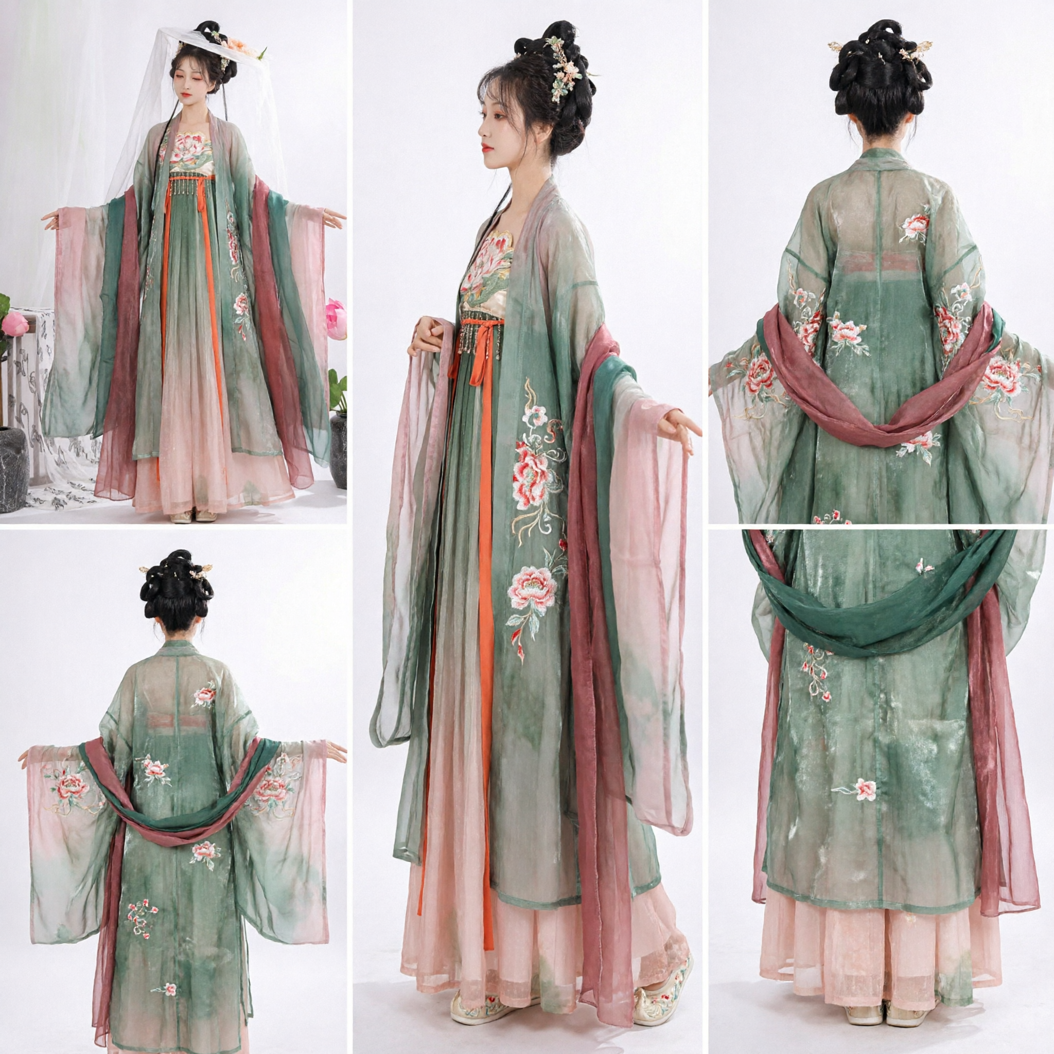 Elegante Vestido Hanfu Tradicional Chino para Mujeres Traje Antiguo de la Dinastía Tang Túnica de Hada en Degradado Verde y Rosa para Fotografía - Asian Costume