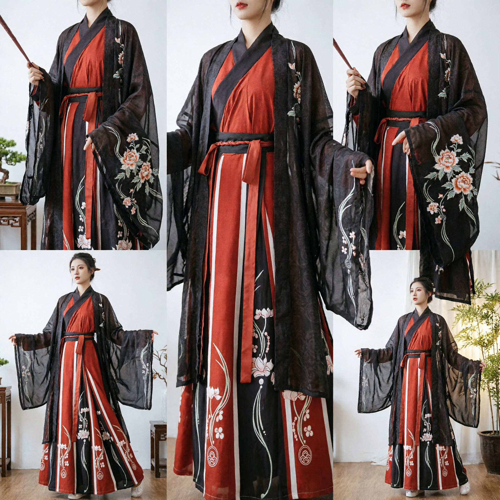 Elegant Rood en Zwart Traditioneel Chinese Hanfu Oud Kostuum Dames Bloemen Print Jurk voor Fotografie - Asian Costume