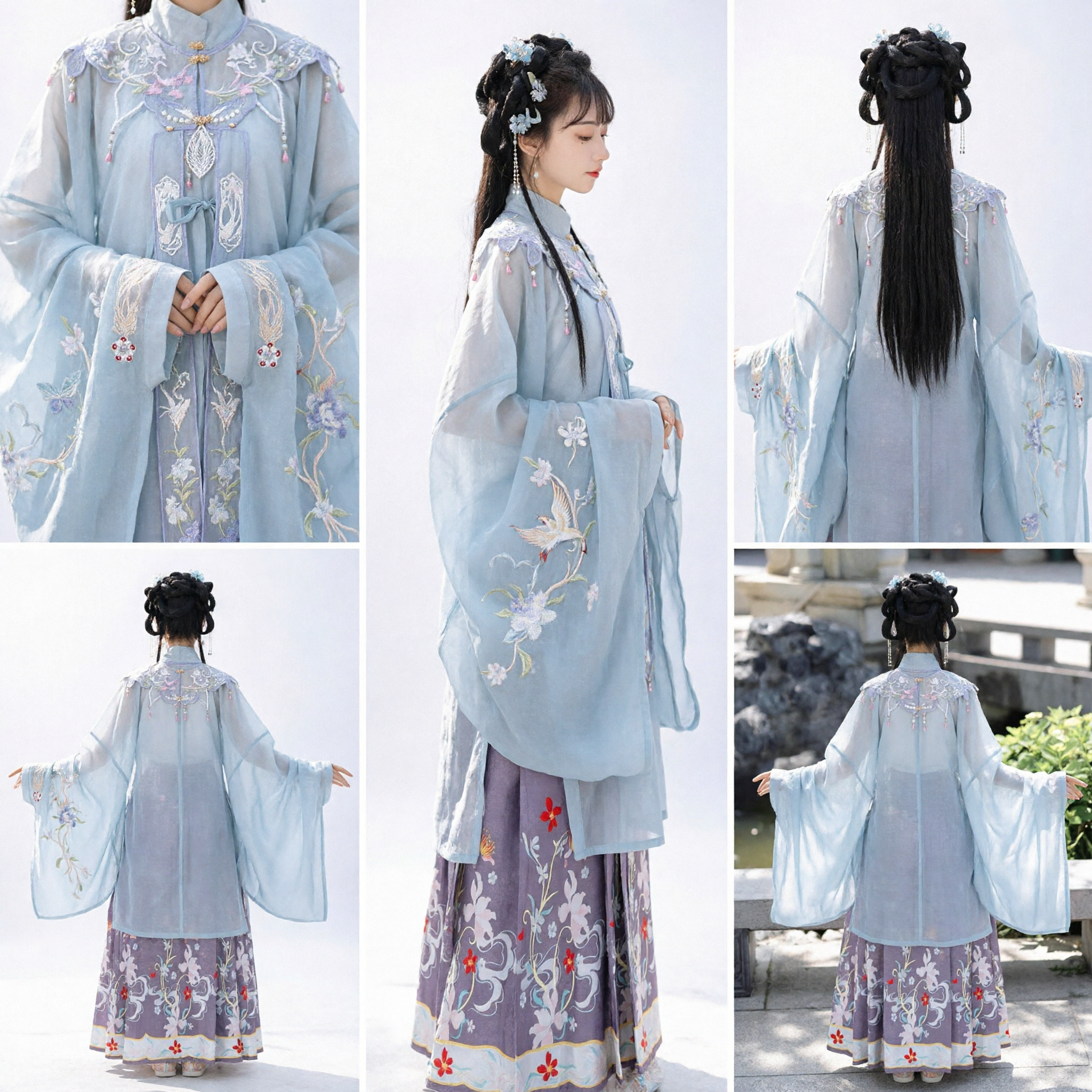 Frauen-Ming-Dynastie Hanfu traditionelles chinesisches Kostüm blaues durchsichtiges Oberteil lila Blumenrock-Set antike Kleidung - Asian Costume