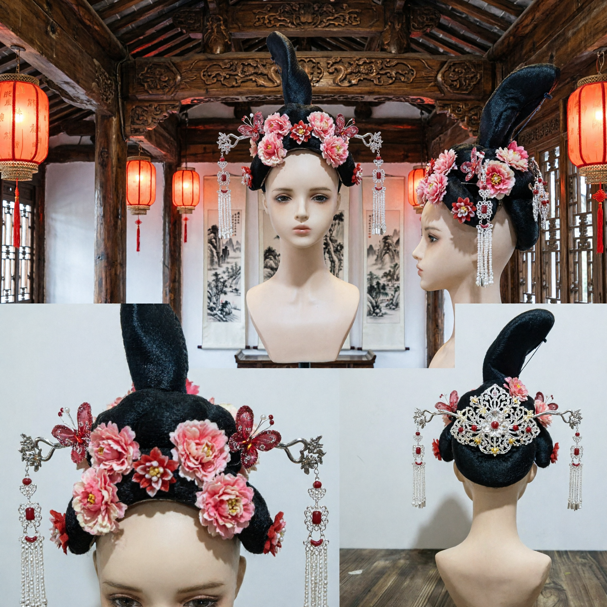 Traditionele Chinese Qing-dynastie Mantsjoe Prinses Hoofdtooi Pruik met Roze Pioenen en Zilveren Kwasten voor Cosplay - Asian Costume