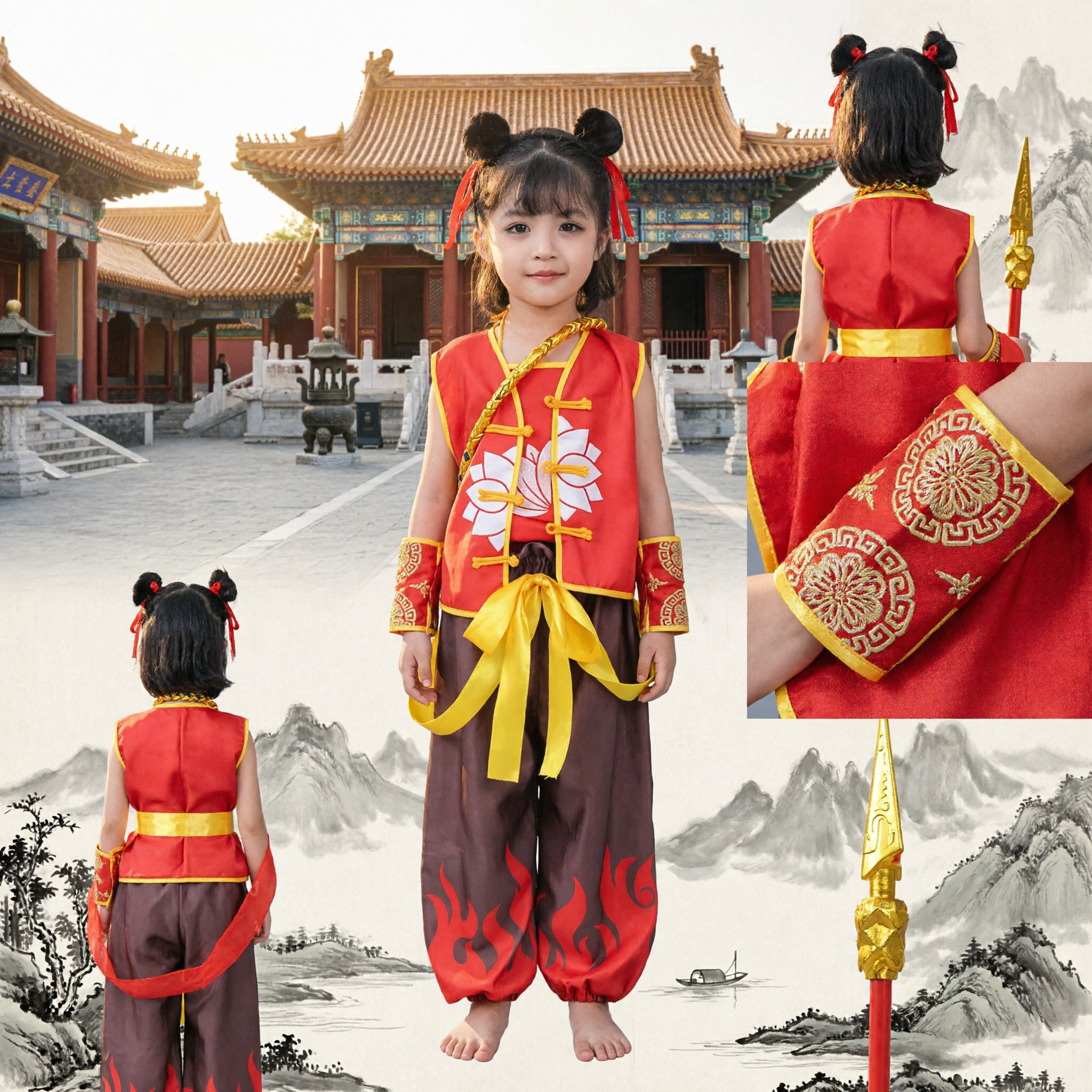 Kinder-Nezha-Cosplay-Kostüm traditionelles chinesisches Mythologie-Outfit mit Speer und Band für Bühnenaufführung - Asian Costume