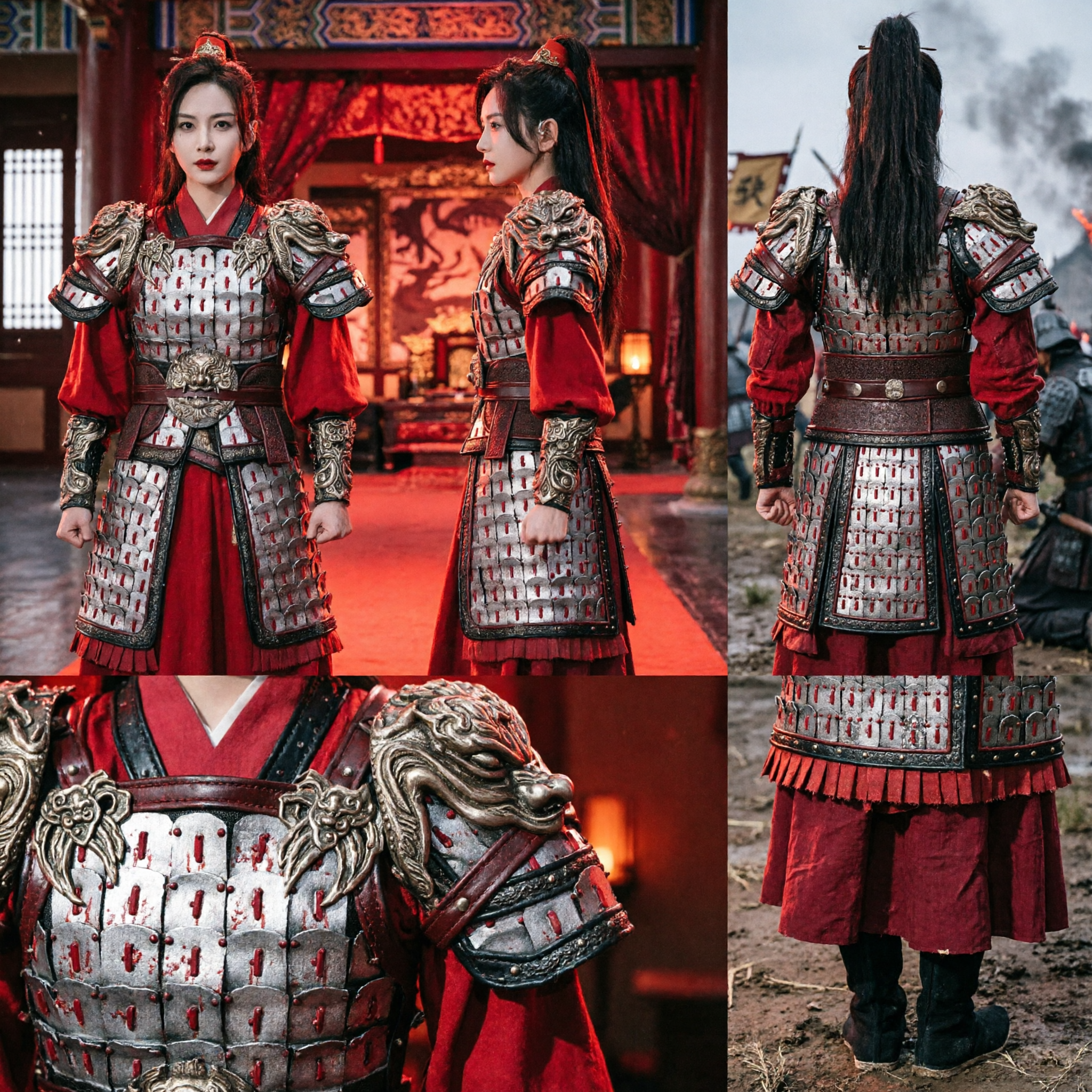 Armadura de General Feminina Antiga Chinesa Vermelha, Traje Hanfu de Guerreira Tradicional para Cosplay e Performances - Asian Costume