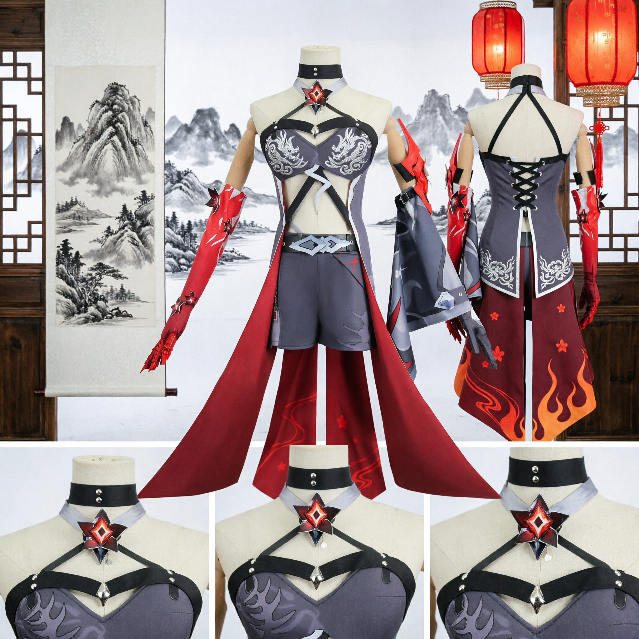 Costume Cosplay Genshin Impact Arlecchino The Knave Set Completo Abito Rosso e Nero per Donne Halloween - Asian Costume