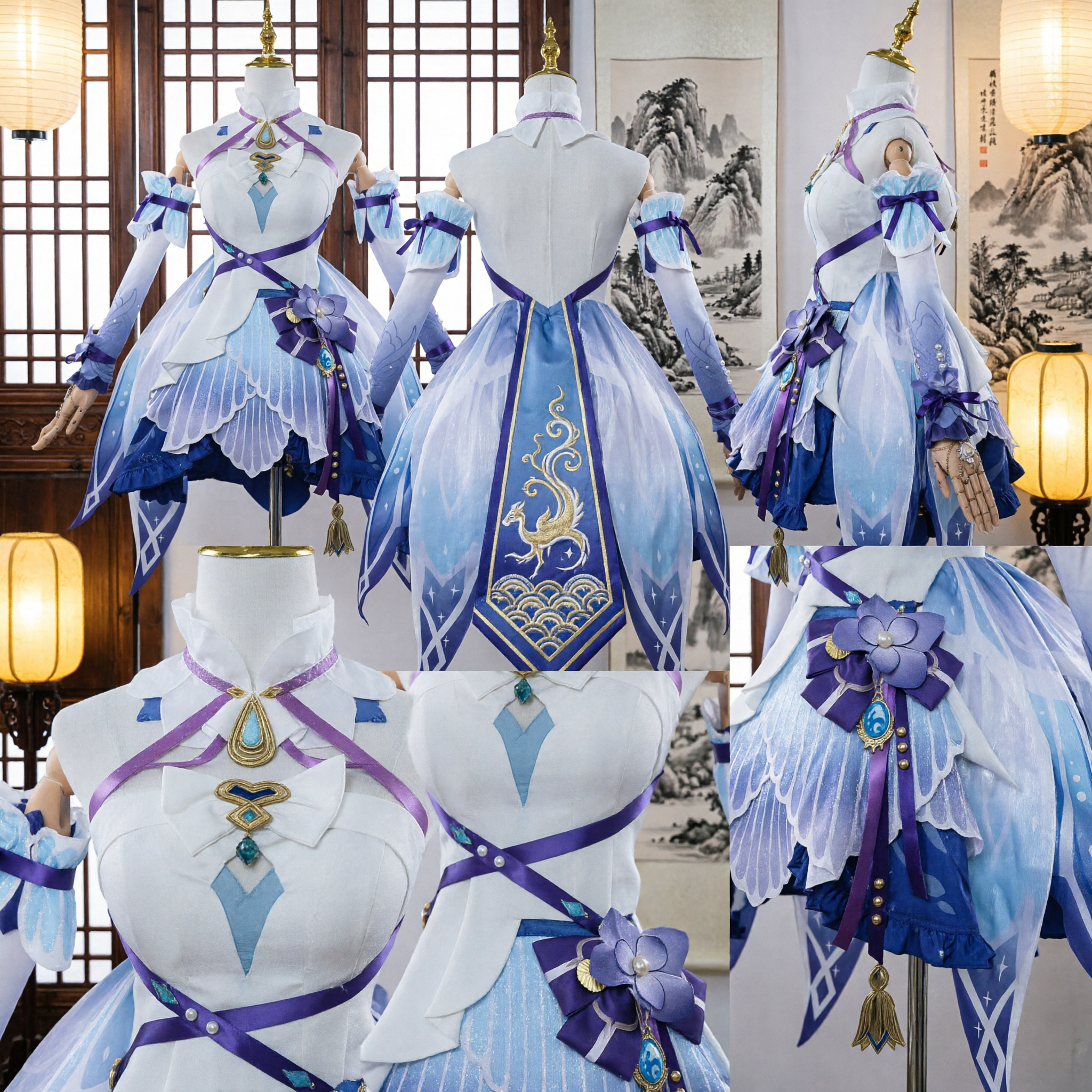 Costume Cosplay Genshin Impact Furina Set Completo Elegante Vestito Blu e Bianco per Feste di Halloween - Asian Costume