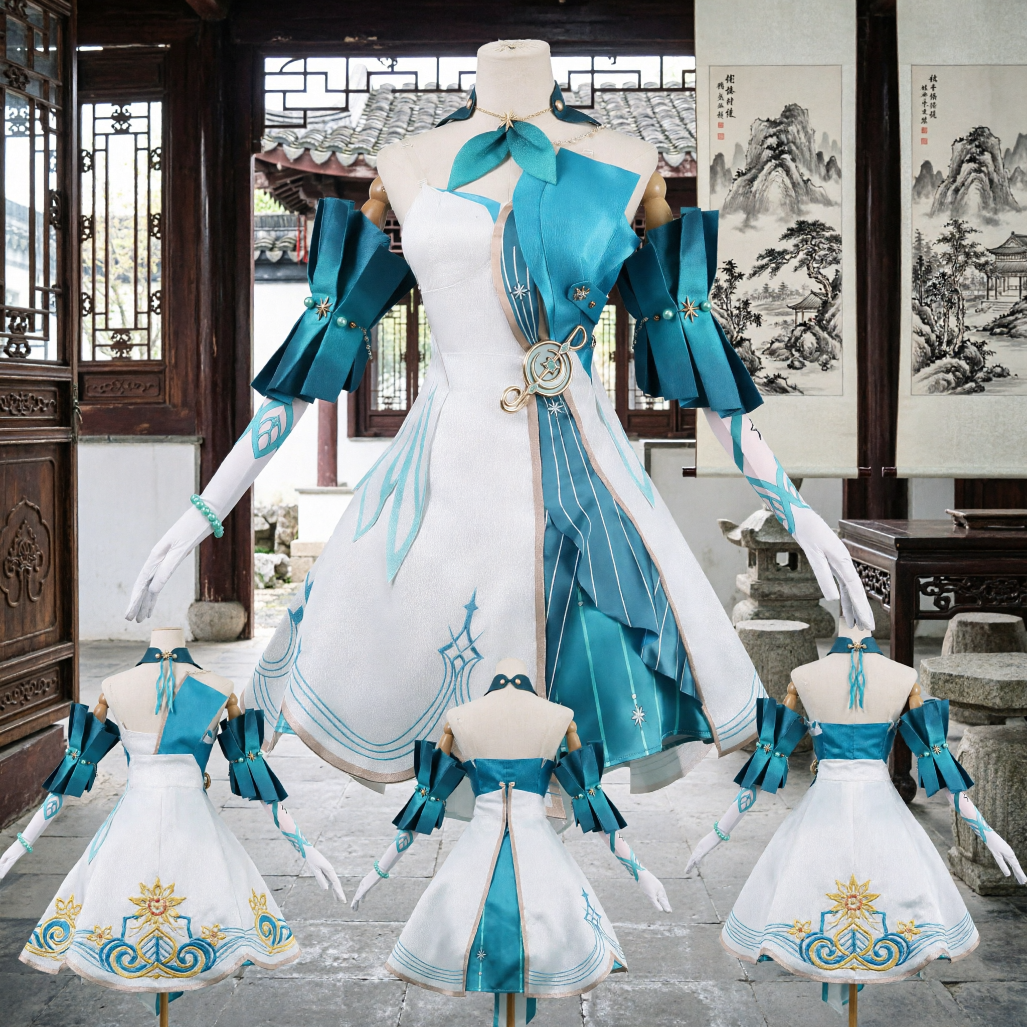 Costume Cosplay Honkai Star Rail Robin Set Completo Vestito Bianco e Blu per Donne Feste di Halloween - Asian Costume