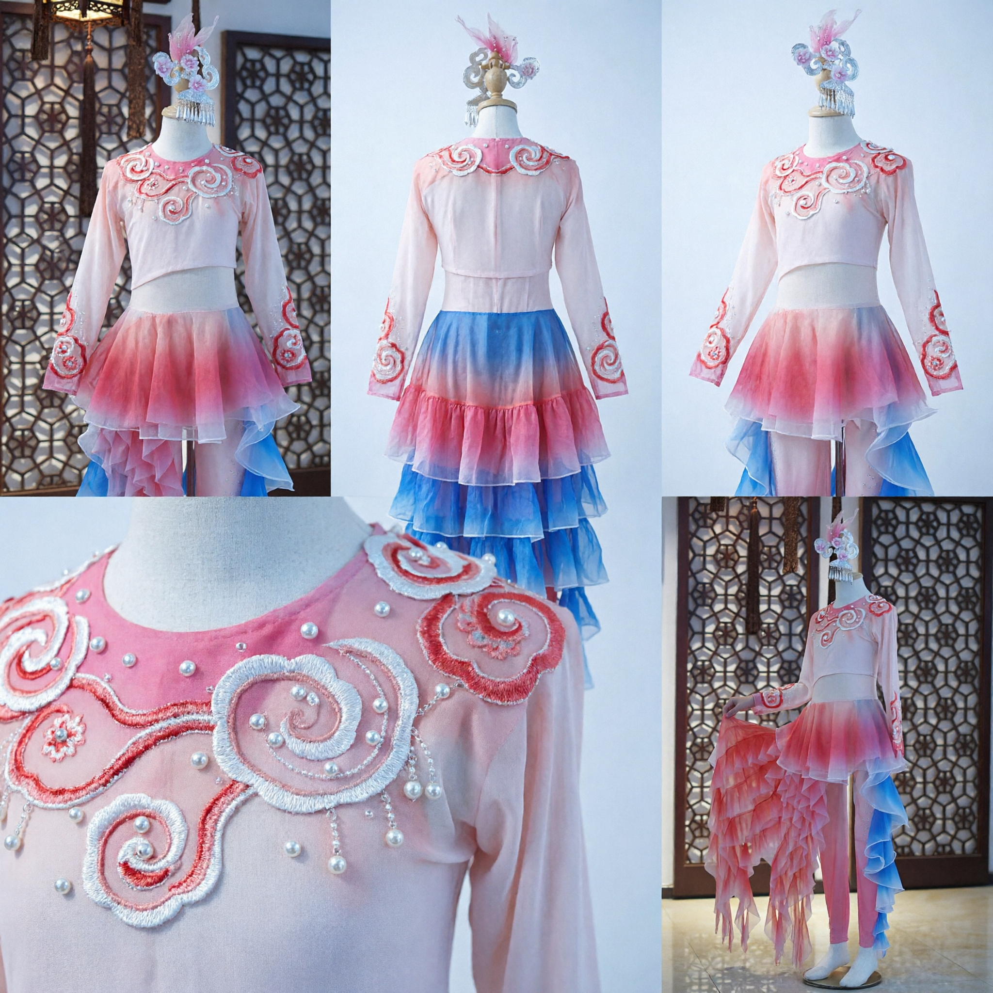 Traditioneel Chinese Volksdans Kostuum Roze Verloop Gerimpelde Rok Podiumoptreden Outfit voor Vrouwen Meisjes met Hoofdtooi - Asian Costume