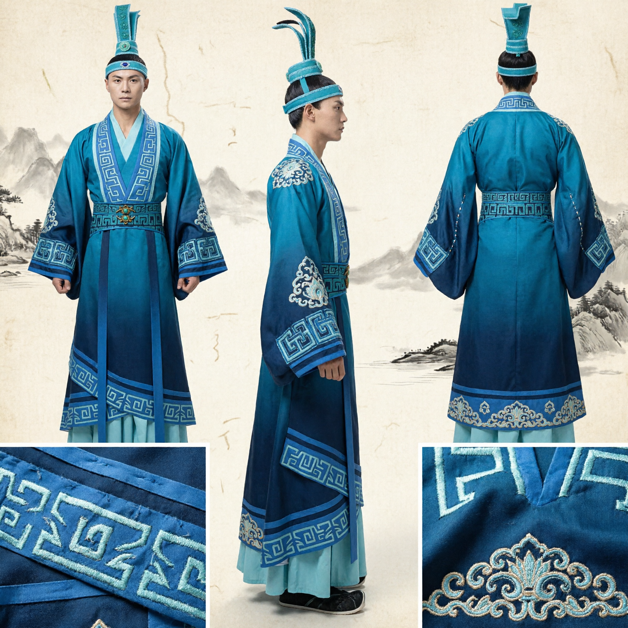 Traje Hanfu de Erudito Azul Antiguo Chino para Hombres Outfit Tradicional Danza Actuación con Túnica Bordada y Sombrero - Asian Costume