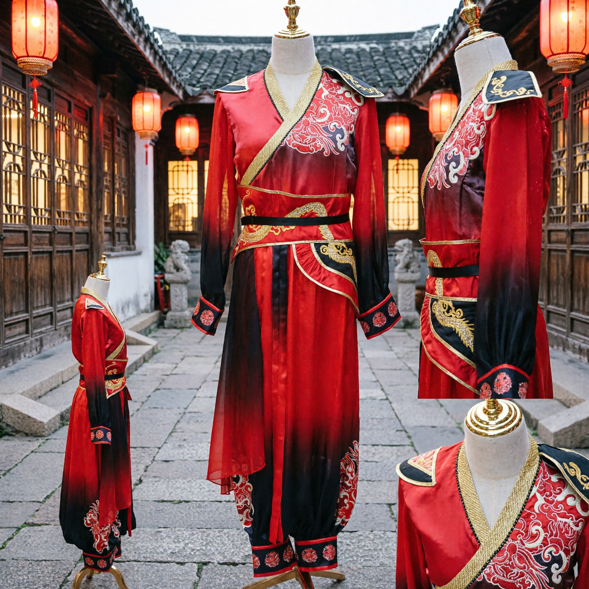 Costume Hanfu Ancien Traditionnel Chinois de Général Rouge pour Hommes - Tenue de Guerrière avec Broderie de Dragon pour Spectacle - Asian Costume