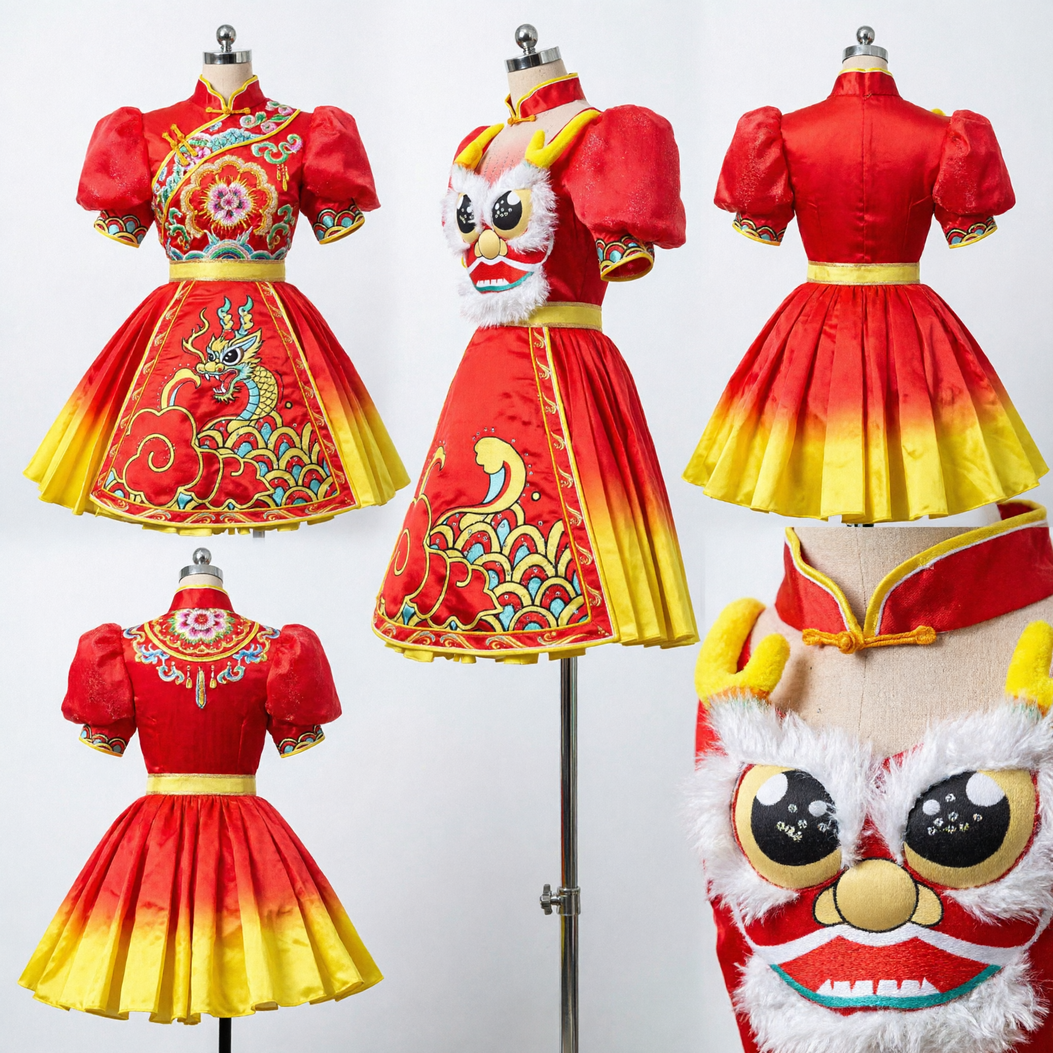 Kinder Chinesisches Löwentanz-Kostüm Rot-Gelbes Kleid Mädchen Traditionelles Bühnenauftritts-Outfit für Frühlingsfest - Asian Costume